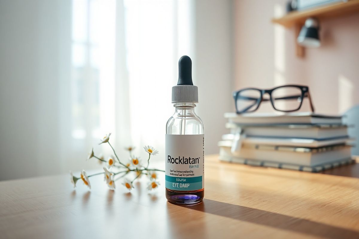 A close-up, photorealistic image of a serene ophthalmology setting. The composition features a pristine, well-lit examination room with soft, diffused natural light streaming through a large window, illuminating the space. In the foreground, a sleek, modern eye drop bottle labeled “Rocklatan” is artistically positioned on a polished wooden table, surrounded by delicate, freshly cut flowers in a small glass vase, adding a touch of warmth. In the background, an advanced ophthalmic device, resembling a digital tonometer, is subtly blurred, hinting at its purpose in monitoring intraocular pressure. The walls are painted in calming pastel colors, contributing to a tranquil atmosphere. A pair of stylish eyeglasses rests on a nearby stack of medical textbooks, emphasizing the focus on eye health. The overall scene conveys a sense of comfort and professionalism, inviting patients to feel at ease during their eye care experience. The image should evoke feelings of trust and reassurance, reflecting the importance of managing glaucoma effectively.