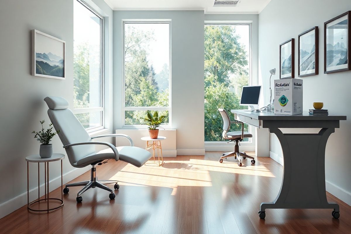 A photorealistic image showcases a serene and inviting ophthalmology clinic interior. The scene features a bright, well-lit consultation room with large windows allowing natural light to filter in, casting gentle shadows on the polished wooden floor. In the foreground, a sleek, modern examination chair is positioned next to a small side table adorned with a comforting potted plant, enhancing the room’s tranquility.   To the side, a stylish, minimalist desk holds an array of eye care tools, including an eye drop bottle prominently labeled “Rocklatan” with its packaging subtly visible, conveying a sense of professionalism without any text.   The walls are painted in soothing shades of soft blue and white, adorned with framed images of peaceful landscapes, evoking calmness and reassurance. A distant view through the window reveals a lush garden filled with vibrant greenery, hinting at a connection to nature.   Overall, the image exudes a sense of comfort and trust, making it an ideal visual representation of the importance of eye care and the advanced treatments available for managing conditions like glaucoma and ocular hypertension.