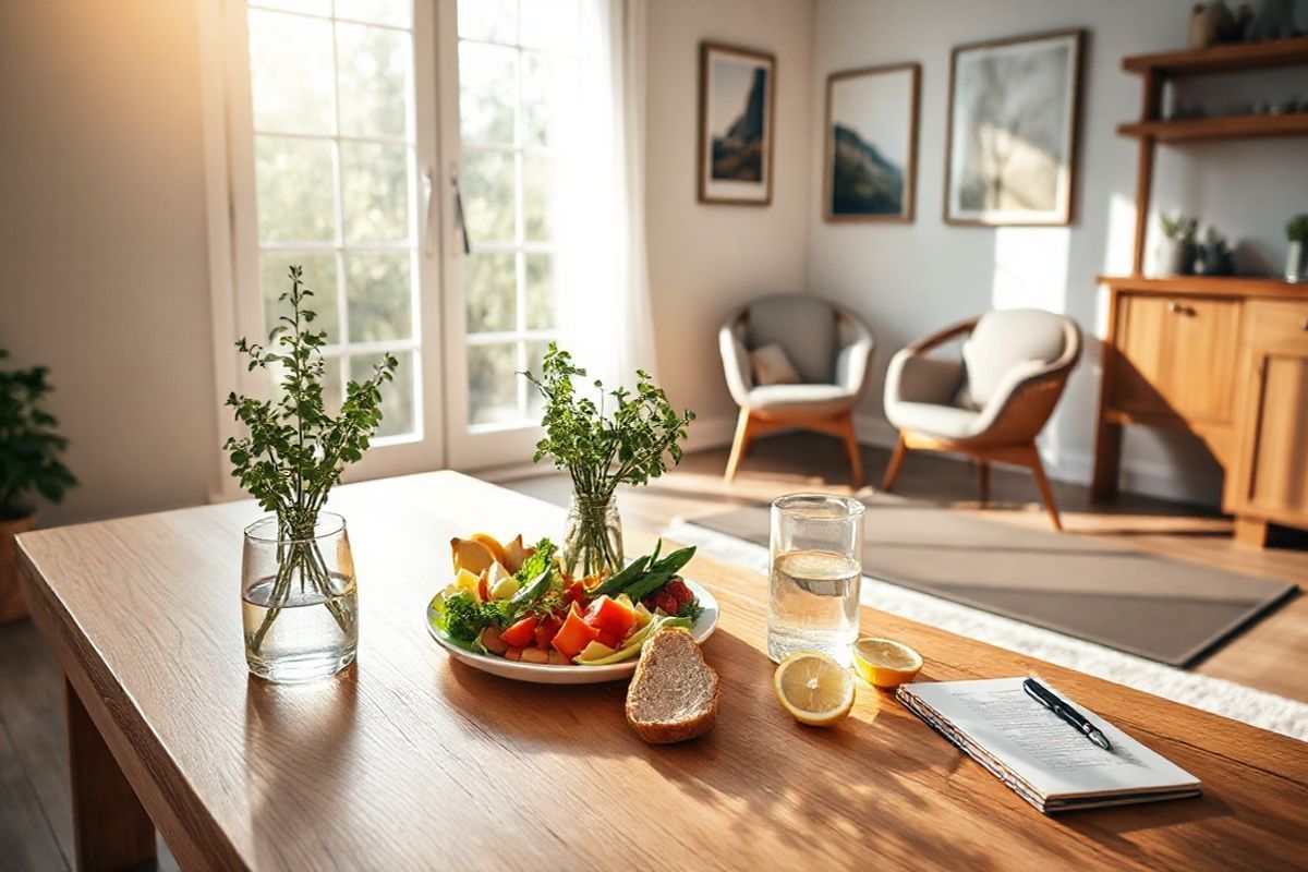 A serene and cozy kitchen setting, bathed in warm, natural light filtering through a large window. The scene features a wooden dining table adorned with a small vase of fresh herbs, symbolizing dietary adjustments for health. On the table, a neatly arranged plate holds a variety of colorful, healthy foods—such as sliced fruits, vegetables, and whole grain bread—representing small, frequent meals. Nearby, a glass pitcher filled with water and slices of lemon reflects the importance of hydration. In the background, a yoga mat lies on a soft, inviting rug, hinting at mindfulness practices for overall well-being. The walls are adorned with calming artwork depicting nature, and a pair of comfortable chairs invite relaxation. Subtle touches, like a journal and pen on the table, suggest the practice of keeping a symptom diary. Overall, the image conveys a sense of tranquility and balance, emphasizing a lifestyle that supports effective management of mild side effects while adding a touch of homely warmth.