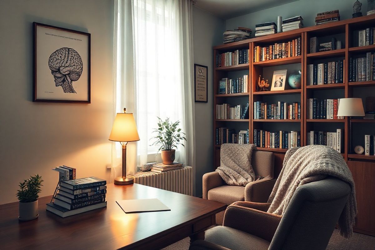 A photorealistic image depicting a serene, softly lit study room that conveys a sense of calm and focus. The room features a large wooden desk with an elegant lamp casting a warm glow. On the desk, there is a neatly arranged set of medical books about neurology, along with a small potted plant that adds a touch of greenery. A comfortable armchair sits nearby, upholstered in a rich fabric, inviting relaxation. The walls are adorned with framed anatomical illustrations of the brain and its functions, emphasizing the theme of neurological health. A window with sheer curtains allows soft, natural light to filter in, illuminating a cozy reading nook with a plush throw blanket draped over the chair. In the background, a bookshelf filled with more medical literature and personal mementos adds depth and character to the space. The overall atmosphere is tranquil and conducive to reflection, symbolizing hope and support for those managing Parkinson’s Disease.