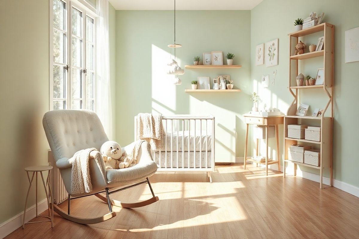 A serene and inviting scene of a cozy, sunlit nursery filled with soft pastel colors, primarily shades of gentle greens and warm creams. In the foreground, a plush rocking chair is positioned beside a large window, allowing natural light to flood the room, casting delicate shadows on the wooden floor. The rocking chair is adorned with a fluffy, knitted throw blanket and a couple of plush toys, creating a sense of warmth and comfort.   Against the wall, a beautifully arranged shelf displays an assortment of baby books, small potted plants, and decorative items that evoke a nurturing environment. A crib with a soft, cloud-patterned bedding set sits prominently in the center, surrounded by delicate mobile decorations hanging gently above it.   In the background, a small changing table is neatly organized with pastel-colored baby essentials. The walls are painted in a soothing hue, perhaps a light mint green, accented with whimsical wall art featuring nature themes, such as gentle animals or blooming flowers. This peaceful ambiance highlights the connection between motherhood, care, and the importance of a safe space for both mother and child.