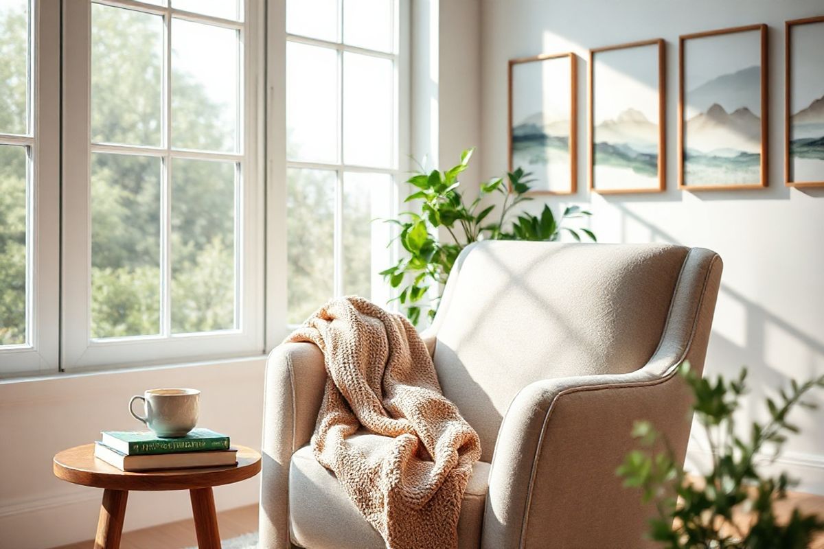 A serene and inviting scene set in a bright, airy room filled with natural light filtering through large windows. The focal point is a comfortable, elegantly upholstered armchair draped with a soft, textured throw blanket in soothing earth tones. Nearby, a small wooden side table holds a steaming cup of herbal tea and a delicate stack of books with calming covers. In the background, a lush indoor plant adds a touch of green, symbolizing life and healing. The walls are adorned with gentle watercolor paintings of tranquil landscapes, enhancing the sense of peace. Soft, warm lighting casts a gentle glow, creating an atmosphere of comfort and relaxation, inviting viewers to imagine moments of self-care and reflection. The overall composition evokes a feeling of tranquility and wellness, making it an ideal visual representation of the supportive and healing aspects of managing health conditions like psoriasis and IBD with Skyrizi.