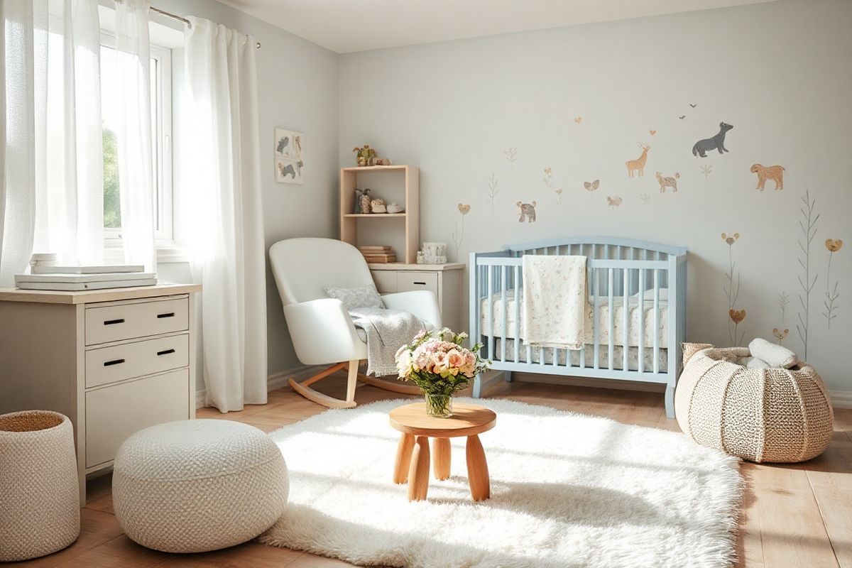 A serene and softly lit scene depicting a cozy, well-organized nursery designed for a newborn. The room features a gentle color palette of pale blues and soft whites, with plush textiles, including a fluffy white rug and a light blue crib adorned with delicate, nature-themed bedding. A comfortable rocking chair sits in one corner, draped with a light gray throw blanket, inviting moments of calm during late-night feedings. Natural light streams in through a window adorned with sheer curtains, casting a warm glow over the space. On the walls, there are whimsical, hand-painted murals of animals and nature, creating a soothing environment. In the foreground, a small wooden table holds a vase of fresh, pastel-colored flowers, adding a touch of life and vibrancy. The overall atmosphere is peaceful and nurturing, emphasizing the importance of a safe and comforting space for both mother and child, reflecting the essence of care and well-being during pregnancy and motherhood.