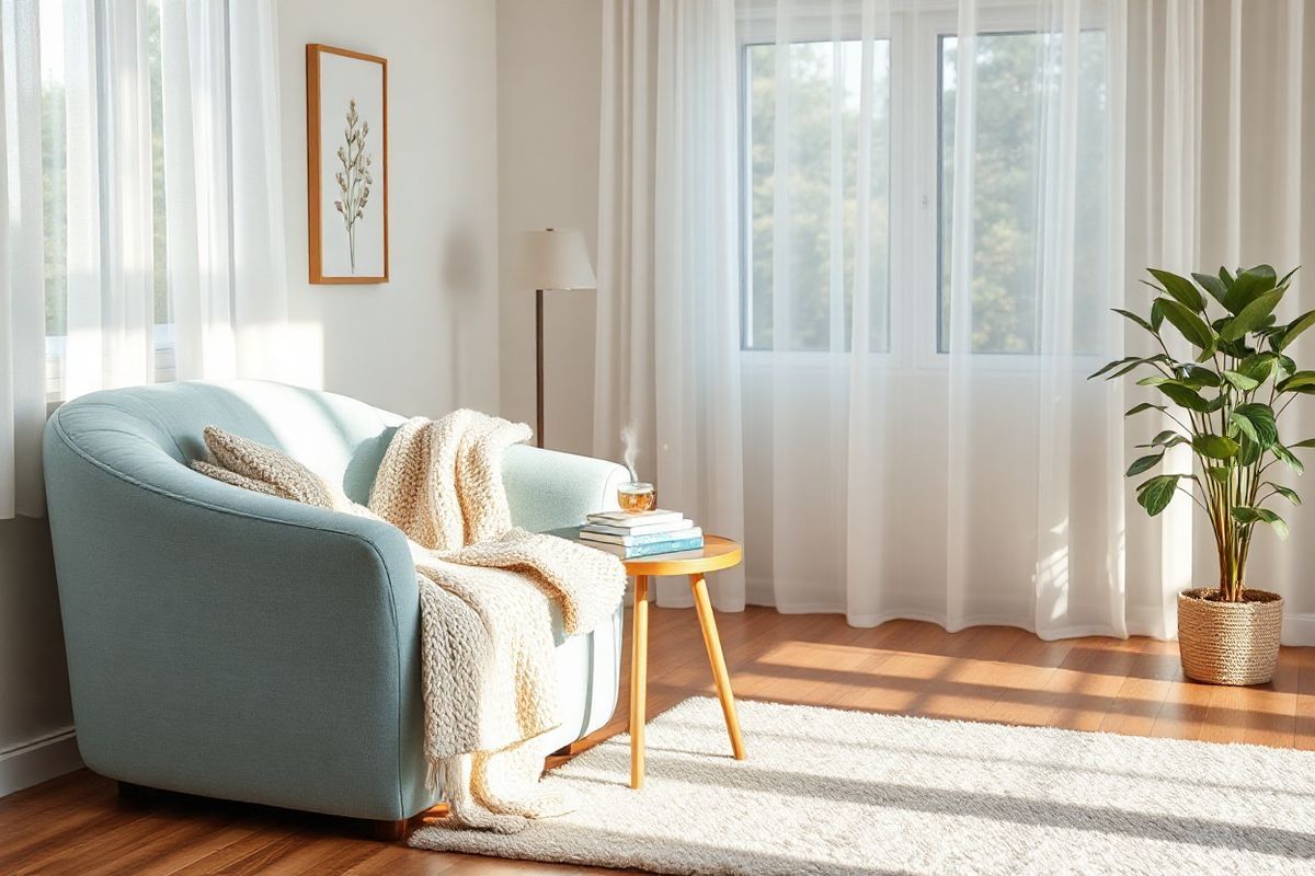 A serene and inviting scene set in a softly lit, cozy living room designed for relaxation and focus. The room features a plush, oversized armchair upholstered in a calming light blue fabric, positioned next to a small wooden side table adorned with a steaming cup of herbal tea and a neatly stacked collection of books on mindfulness and self-care. A large window draped with sheer white curtains allows soft sunlight to filter in, illuminating the space with a warm glow. On the walls, delicate botanical prints bring a touch of nature indoors, while a potted plant with lush green leaves sits in the corner, enhancing the tranquility of the environment. A cozy, knitted blanket is casually draped over the armchair, inviting the viewer to settle in. The wooden floor is complemented by a plush area rug in soft, neutral tones, creating a harmonious balance. Overall, the image conveys a sense of calm, support, and nurturing, perfect for a space where a mother might manage her ADHD while caring for her newborn.