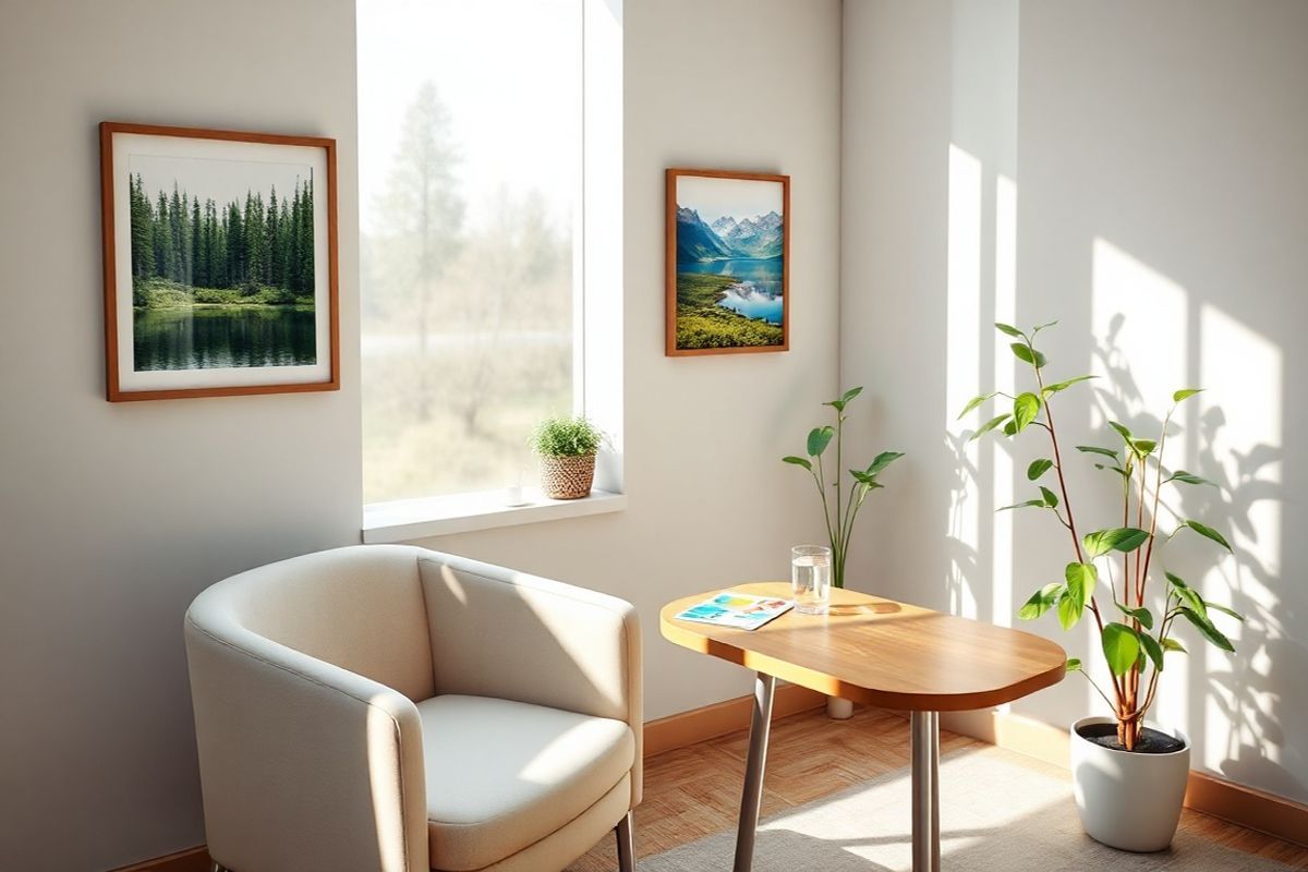 A photorealistic image depicting a serene and inviting healthcare setting, showcasing a well-organized, sunlit consultation room. The room features a comfortable, modern armchair in a soft, neutral color, positioned next to a sleek wooden table adorned with a few colorful medical pamphlets and a glass of water. On the wall, there are framed, calming nature photographs, such as lush green forests and tranquil lakes, creating a sense of peace and tranquility. A potted plant with vibrant green leaves sits in the corner, adding a touch of nature to the environment. In the background, a window allows natural light to flood the space, casting gentle shadows that enhance the warm ambiance. The overall atmosphere is one of professionalism and comfort, emphasizing a safe space for open communication about health concerns. The image portrays a serene setting that encourages patients to engage with their healthcare providers, reflecting the importance of dialogue and awareness regarding medications like Strattera.