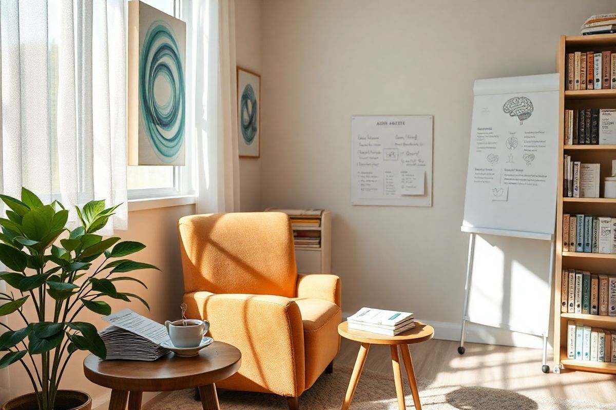 A serene and inviting healthcare setting, featuring a cozy consultation room designed for discussing ADHD treatment options. The room is softly lit, with natural light streaming through large windows adorned with light, sheer curtains that gently sway with a breeze. In the center, a comfortable, plush armchair in warm tones invites patients to sit. A small wooden side table holds a stack of informative pamphlets about ADHD and Strattera, alongside a steaming cup of herbal tea.   On the walls, calming artwork depicting abstract swirls of blue and green evokes a sense of tranquility, promoting a peaceful atmosphere. A potted plant with lush green leaves adds a touch of nature, enhancing the sense of well-being. Nearby, a bookshelf is neatly arranged with various medical texts and journals about ADHD, signaling the focus on education and informed decision-making.   In the background, a whiteboard is partially visible, featuring diagrams of the brain and notes highlighting the importance of understanding drug interactions and treatment options. This image captures the essence of a supportive environment, fostering open communication between healthcare providers and patients regarding ADHD management.