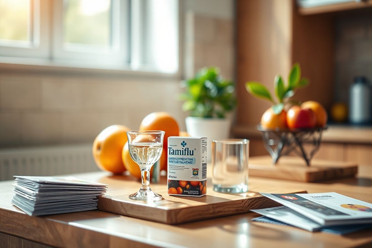 A photorealistic decorative image featuring a tranquil scene of a well-lit kitchen countertop. In the foreground, a small glass of clear water sits beside a bottle of Tamiflu, elegantly placed on a wooden cutting board. The background showcases a soft-focus arrangement of fresh fruits, including oranges and apples, symbolizing health and wellness. A small potted plant with lush green leaves adds a touch of nature, while a few neatly stacked medical pamphlets about flu prevention and medication interactions lie subtly at the edge of the countertop. The warm, natural light streaming through a nearby window highlights the textures of the wood and the shine of the glass, creating an inviting atmosphere. This serene composition conveys a sense of care and attentiveness to health, perfectly complementing the discussion about the importance of managing drug interactions and maintaining well-being while using Tamiflu.