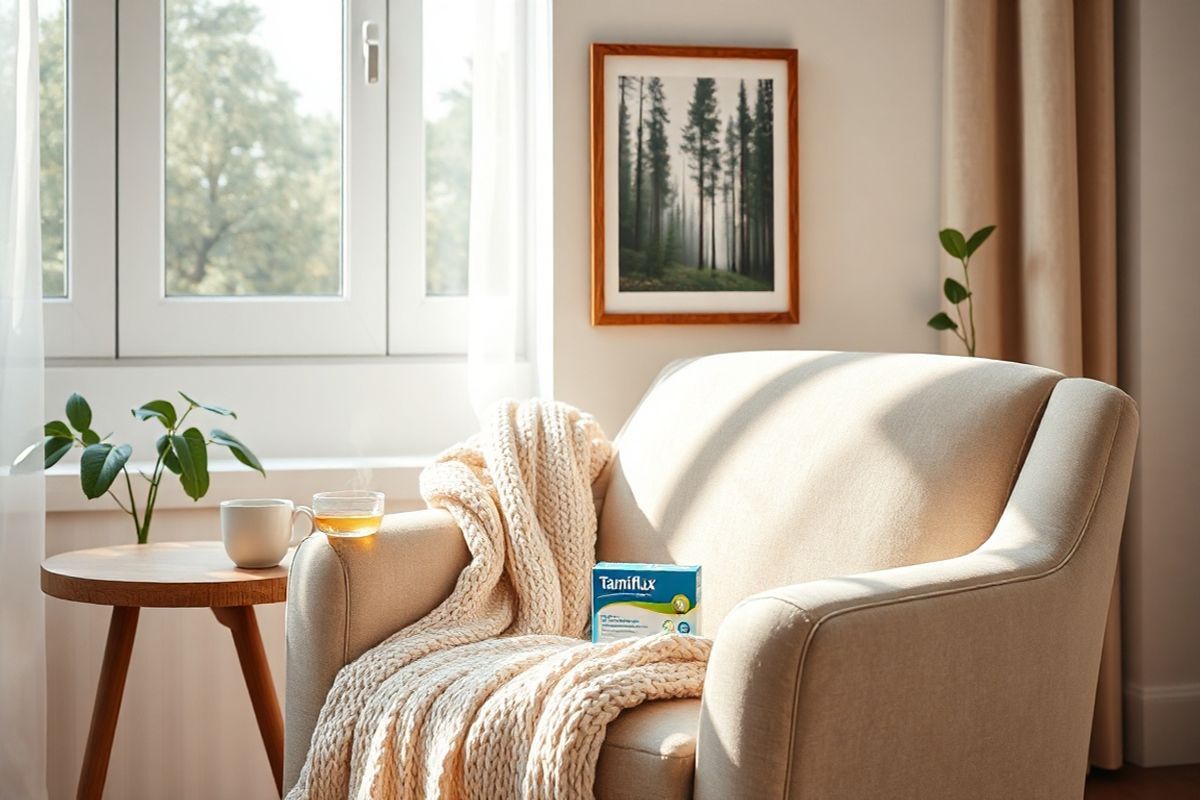 A photorealistic image capturing a serene and inviting scene in a cozy living room, featuring a plush armchair draped with a soft, knitted throw blanket in warm hues of cream and light gray. A small wooden side table sits beside the chair, adorned with a steaming cup of herbal tea and a sleek, modern box of Tamiflu. On the wall, a framed nature print depicting a tranquil forest landscape adds a touch of calmness to the space. Soft, natural light streams in through a large window, illuminating the room and highlighting a potted plant with lush green leaves positioned by the window. The overall atmosphere is one of comfort and wellness, evoking a sense of relief and recovery, ideal for someone seeking solace while dealing with flu symptoms. The warm tones and inviting decor elements create a nurturing environment, emphasizing the importance of rest and self-care during illness.