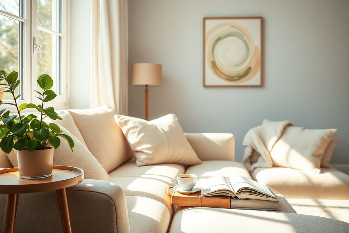 A serene and inviting scene unfolds in a softly lit, cozy living room. In the foreground, a plush, cream-colored sofa adorned with gentle pastel cushions invites relaxation. A delicate, wooden coffee table sits nearby, topped with a steaming cup of herbal tea and an open book, suggesting a moment of calm amidst a busy day. Sunlight streams through a large window, casting warm, golden rays across the room and illuminating a vibrant potted plant with lush green leaves on the windowsill. In the background, a soft, knitted throw is draped over the arm of the sofa, adding a touch of warmth and comfort. The walls are painted in a soothing pale blue, enhancing the tranquil atmosphere. A framed piece of abstract art hangs on one wall, featuring swirling soft colors that evoke feelings of serenity and peace. The overall ambiance is one of safety and comfort, creating a perfect sanctuary for a pregnant woman seeking to relax and recuperate, symbolizing the importance of self-care during the flu season.