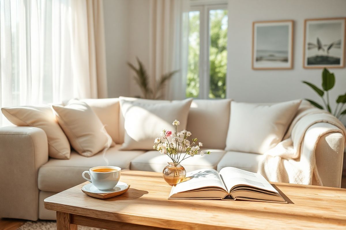 A photorealistic decorative image features a serene and inviting home setting, focusing on a cozy living room adorned with soft, natural light filtering through sheer curtains. In the foreground, a plush, light-colored sofa is adorned with pastel cushions, creating a warm atmosphere. A wooden coffee table sits in front, topped with a steaming cup of herbal tea, a small vase of fresh flowers, and an open book, suggesting a moment of relaxation and self-care. On the walls, gentle artwork depicting nature scenes adds a touch of tranquility. In the background, a hint of greenery can be seen through the window, emphasizing a connection to the outdoors. A soft throw blanket drapes over the arm of the sofa, inviting comfort. The overall color palette consists of soft whites, light greens, and warm beige tones, creating a calming ambiance that embodies wellness and nurturing—a perfect visual representation of care and health, aligning with the themes of Tamiflu and the importance of managing health during pregnancy and breastfeeding.