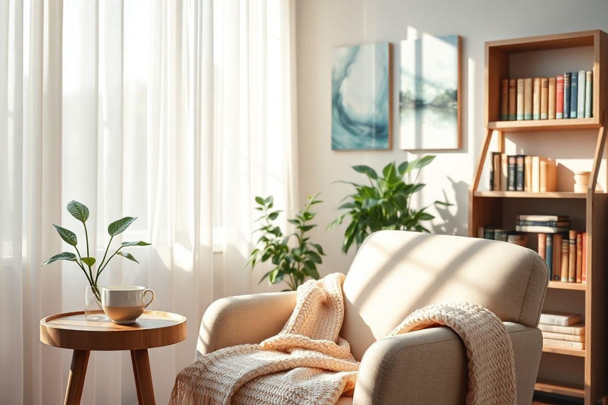 A serene and inviting scene unfolds in a cozy, softly lit room designed for relaxation and healing. In the foreground, a comfortable armchair is draped with a warm, textured blanket in soothing pastels, inviting patients to unwind. A small wooden side table beside the chair holds a delicate teacup filled with herbal tea, steam gently rising into the air.   In the background, a lush indoor plant, such as a peace lily or fern, adds a touch of nature, symbolizing growth and renewal. Sunlight filters through sheer curtains, casting gentle shadows and creating a warm ambiance.   On the wall, a series of calming, abstract paintings in soft blues and greens evoke tranquility, enhancing the room’s soothing atmosphere. A small bookshelf is filled with well-worn books on self-care and healing, suggesting an environment of support and comfort.  The overall composition conveys a sense of peace and serenity, perfect for a space where patients can reflect, recharge, and manage their recovery journey comfortably. The image encapsulates the essence of emotional and physical well-being, aligning beautifully with the proactive management of side effects in breast cancer treatment.