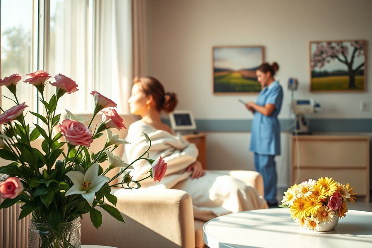 A serene and comforting scene that captures the essence of hope and resilience in the journey of breast cancer treatment. The foreground features a gently lit hospital room with soft, warm colors, where a patient sits in a plush, inviting chair, wrapped in a cozy blanket. She gazes out of a large window, through which soft sunlight filters in, casting a golden glow over the room. On a nearby table, a vibrant bouquet of fresh flowers—pink roses, white lilies, and yellow daisies—symbolizes support and beauty amidst the challenges. The walls are adorned with soothing artwork depicting nature, such as a peaceful landscape with blooming cherry blossoms. In the background, a nurse attentively adjusts medical equipment, embodying compassion and care. The overall atmosphere radiates tranquility and strength, inviting a sense of calm and hope for recovery. The image conveys the emotional journey of breast cancer treatment, emphasizing the importance of support, healing, and the beauty of life even during difficult times.