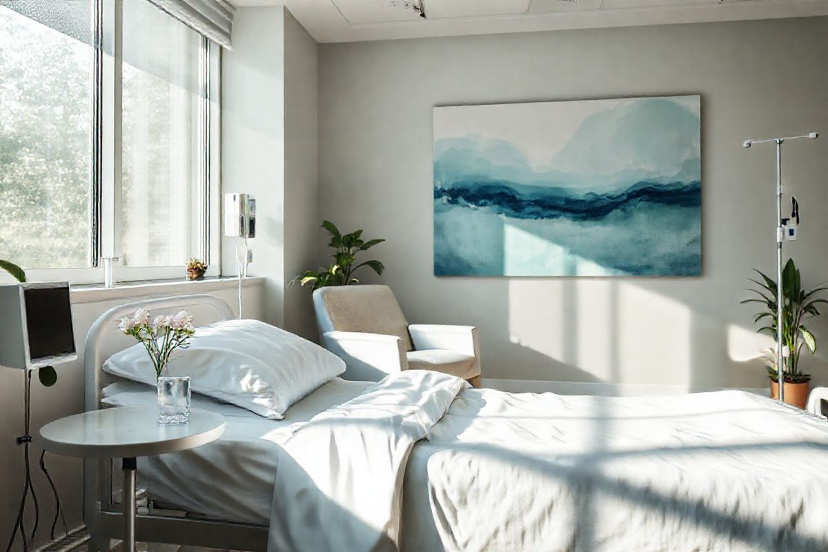 A serene hospital room bathed in soft, natural light filters through large windows, creating a calming atmosphere. In the foreground, a comfortable hospital bed is neatly made, adorned with crisp white linens and a pale blue blanket, suggesting a sense of peace. A small bedside table holds a glass of water and a delicate vase with fresh flowers, bringing a touch of life and color to the space.   On the wall, a large, abstract painting in soothing hues of blue and green evokes feelings of tranquility and hope, while a few potted plants in the corners add a refreshing natural element. The room is designed to be welcoming, with a cozy armchair positioned nearby, inviting family members or friends to sit and provide support.   In the background, the subtle presence of medical equipment, such as a heart monitor and an IV stand, reminds viewers of the ongoing care and attention the patient receives. The overall composition captures the essence of healing, comfort, and the emotional journey of patients facing relapsed AML, evoking a sense of empathy and understanding without any text.