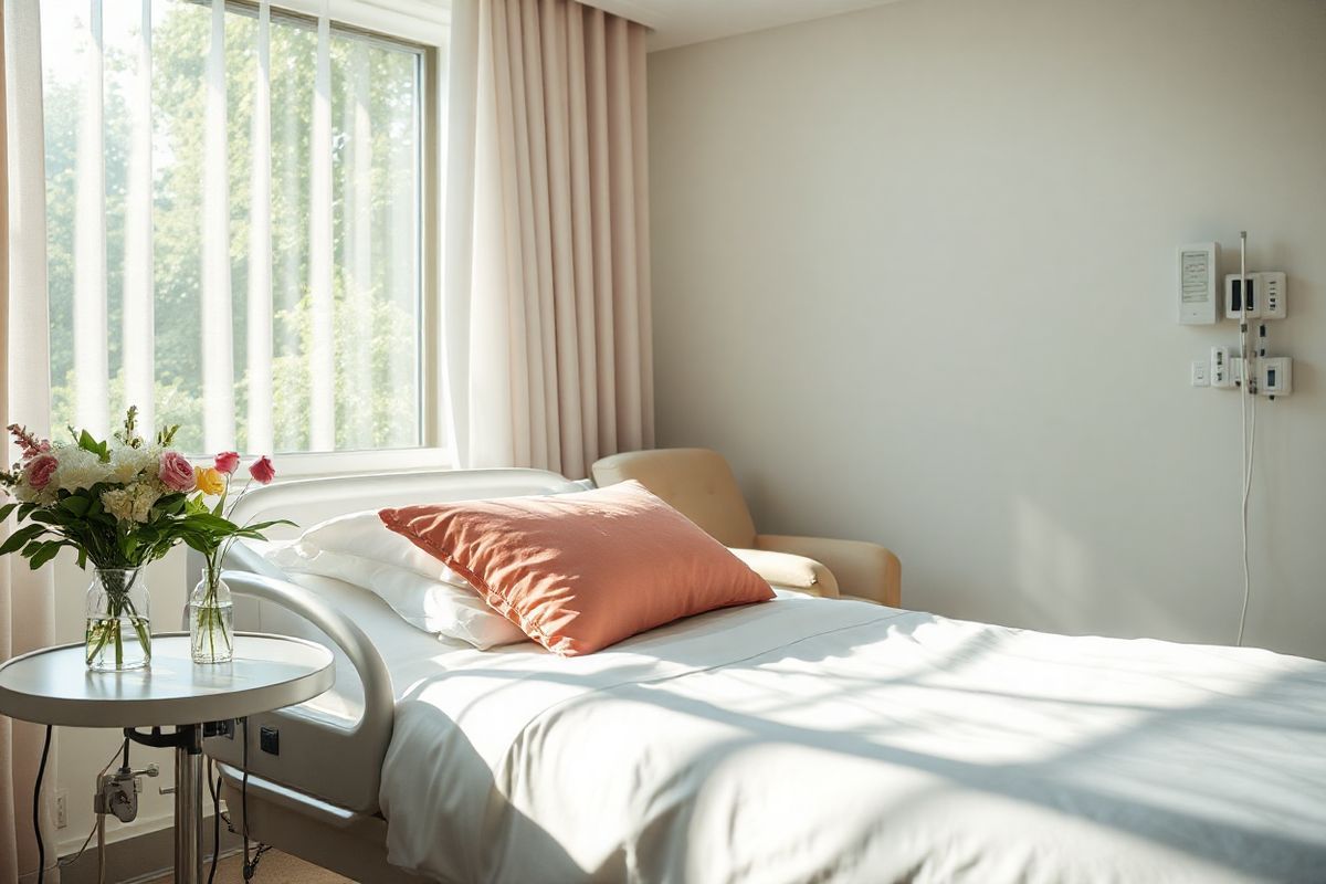 A photorealistic image depicting a serene hospital room bathed in soft, natural light filtering through sheer curtains. The room features a comfortable hospital bed with crisp white linens and a neatly arranged assortment of colorful pillows, symbolizing comfort and care. On a bedside table, there is a delicate vase containing fresh flowers, adding a touch of warmth and hope. In the background, a window reveals a calming view of a lush, green garden, embodying tranquility and healing. The walls are painted in soothing pastel tones, promoting a sense of peace. A small armchair is placed next to the bed, inviting family members to sit and provide support. Medical equipment is subtly integrated, emphasizing the clinical environment while maintaining a sense of comfort. The overall composition should evoke feelings of compassion, resilience, and the importance of supportive care in the journey of patients battling relapsed and refractory AML.