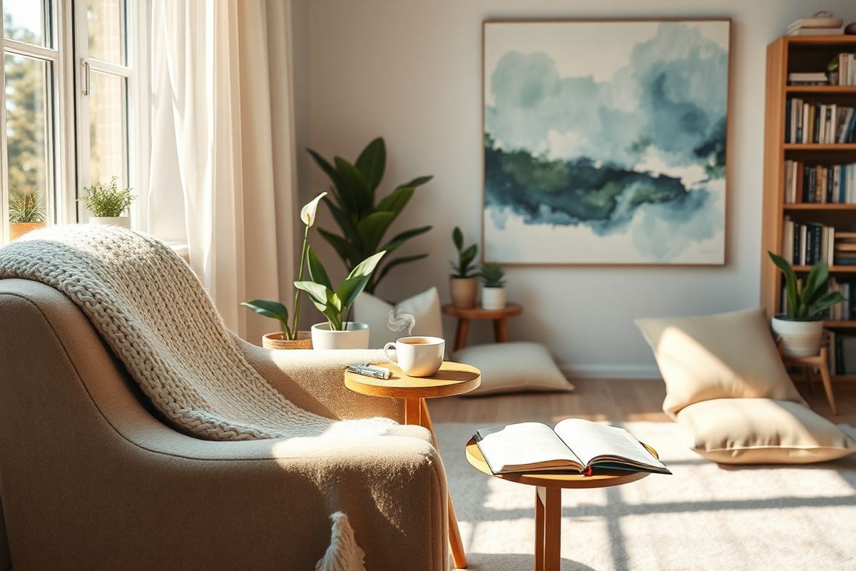 A serene and intimate scene inside a cozy living room, bathed in soft, warm light from a nearby window. In the foreground, a plush, inviting armchair is adorned with a knitted throw blanket in calming pastel colors. A small, round wooden table beside the chair holds a steaming cup of herbal tea and an open journal with a fountain pen resting on its pages, suggesting reflective thoughts. The background features a gentle arrangement of potted plants, including a peace lily and a succulent, adding a touch of life and vibrancy to the space. A large, abstract painting on the wall, with soothing blues and greens, evokes a sense of tranquility and healing. Soft cushions are scattered on a light-colored rug, further enhancing the cozy atmosphere. In the corner, a bookshelf filled with inspiring books and personal mementos reflects a journey of resilience and growth. Sunlight filters through sheer curtains, casting delicate shadows and creating a peaceful ambiance that invites contemplation and emotional healing. The overall composition conveys warmth, support, and a safe space for emotional expression, perfectly aligning with the themes of mental health and recovery outlined in the article.