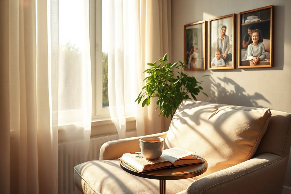 A serene and uplifting scene depicting a cozy, sunlit room that embodies tranquility and hope. The focal point is a comfortable armchair, upholstered in soft, natural fabrics, positioned near a large window with sheer curtains gently fluttering in the breeze. Sunlight streams in, casting warm golden rays across a small side table adorned with a steaming cup of herbal tea and a beautifully bound journal, its pages slightly open as if inviting reflection.   In the background, a lush indoor plant adds a touch of greenery, symbolizing growth and renewal, while a soothing color palette of soft blues, greens, and warm earth tones creates an inviting atmosphere. On the wall, a series of framed photographs showcases joyful moments from life before and after cancer, capturing the essence of resilience and cherished memories.   The overall ambiance conveys a sense of peace, comfort, and emotional healing, with soft shadows and light playing harmoniously throughout the space, encouraging viewers to pause, reflect, and embrace their journey toward mental well-being.