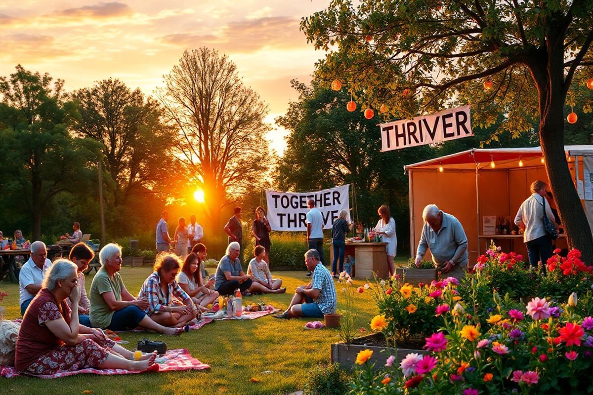 A photorealistic image depicts a warm and inviting community park during a golden hour sunset. In the foreground, a diverse group of people, including cancer survivors, caregivers, and volunteers, are engaged in a cheerful outdoor gathering. Some are sitting on picnic blankets, sharing food and laughter, while others participate in an arts and crafts booth, creating colorful decorations that symbolize hope and resilience. Nearby, an elderly woman and a young child are planting flowers in a community garden, symbolizing growth and renewal. In the background, trees are adorned with soft, twinkling fairy lights, and a banner reading “Together We Thrive” hangs gently in the breeze. The sky is painted with hues of orange, pink, and purple, casting a serene glow over the scene, while vibrant flowers and greenery frame the gathering, enhancing the sense of connection and support. This image captures the essence of community, emotional healing, and the strength found in togetherness amidst life’s challenges.