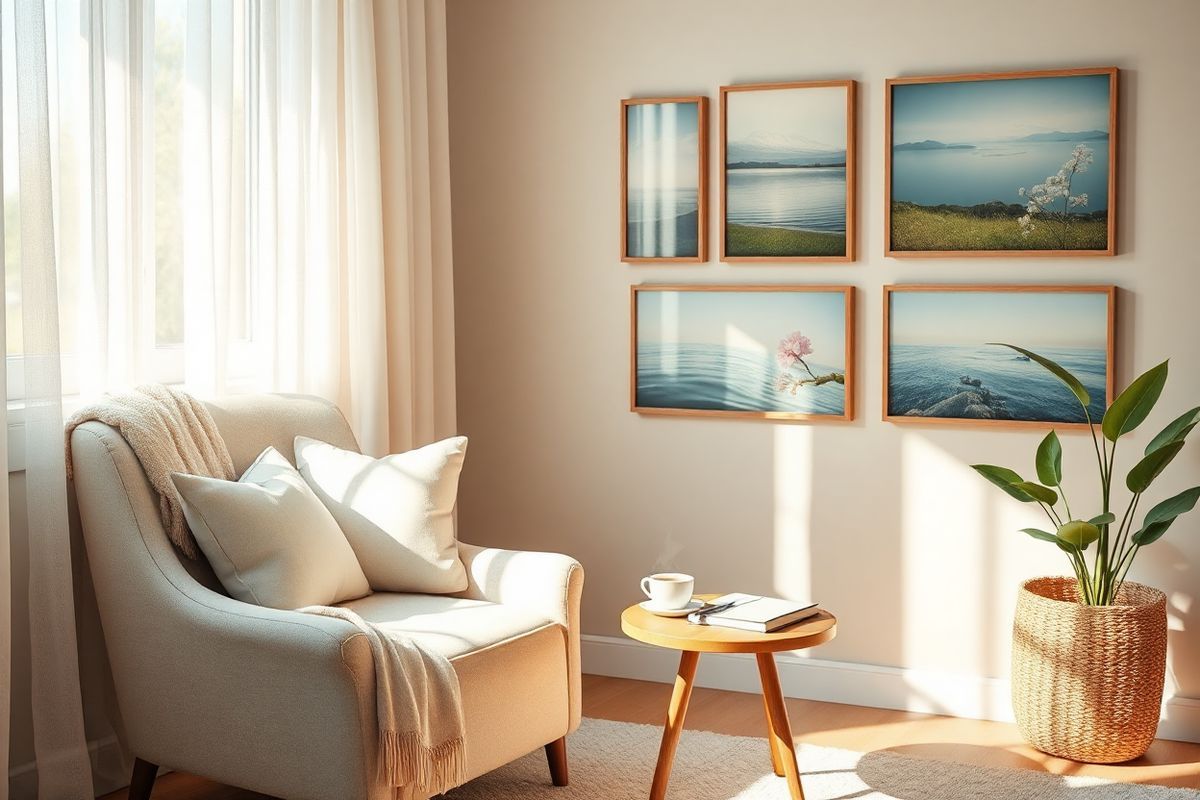 A serene and inviting scene depicting a cozy room designed for emotional healing. The room is softly illuminated by warm, natural light filtering through sheer, white curtains. In one corner, a comfortable armchair, upholstered in soft, pastel fabric, is adorned with a plush throw blanket and a few decorative cushions. A small, round wooden table beside it holds a steaming cup of herbal tea, a journal, and a pen, suggesting a space for reflection and emotional processing.   On the opposite wall, a gallery of framed artwork featuring calming nature scenes—gentle landscapes, tranquil waters, and blooming flowers—creates a soothing ambiance. A healthy green potted plant sits in a woven basket near the window, adding a touch of life and vitality to the space. The room’s color palette consists of soft blues, greens, and warm neutrals, evoking feelings of tranquility and comfort.   Overall, the image conveys a sense of safety, warmth, and emotional support, making it an ideal representation of the healing journey faced by cancer patients and their loved ones.