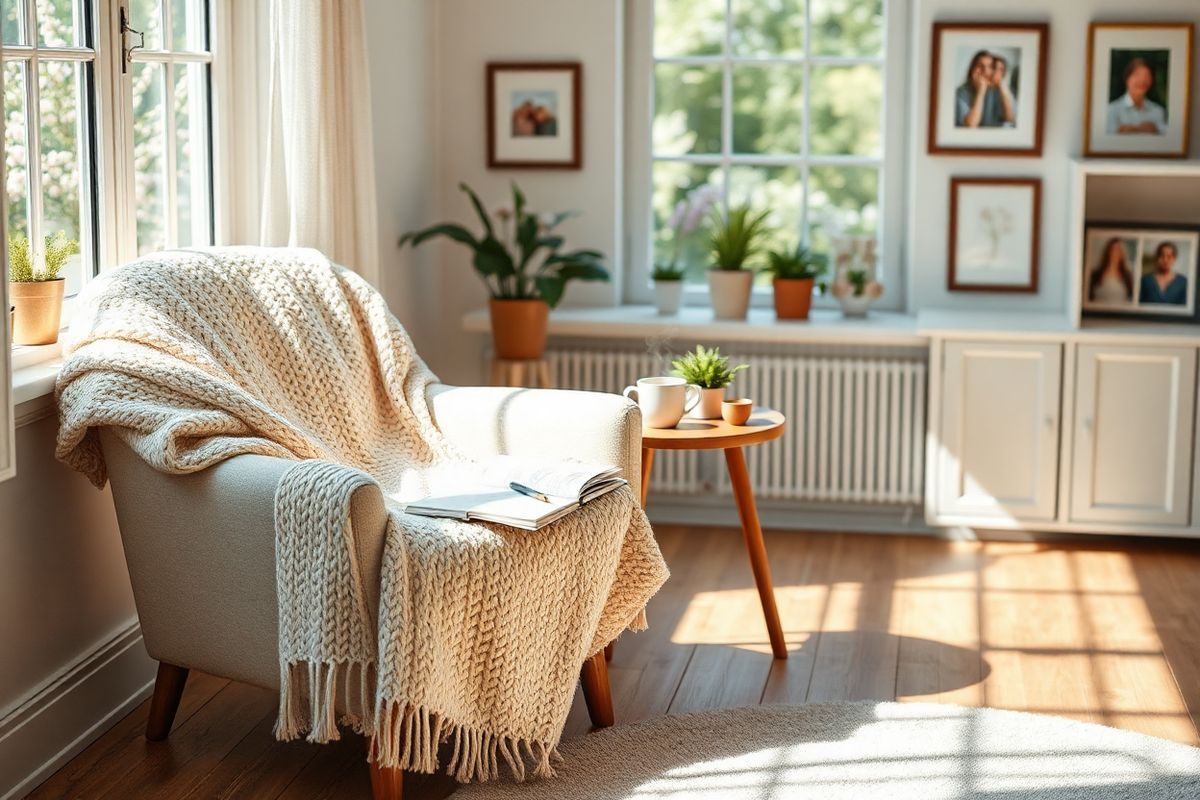 A serene and comforting scene unfolds in a softly lit room that embodies hope and support for cancer patients. The focal point is a cozy armchair draped with a warm, knitted blanket in soft pastel colors. A small wooden side table beside it holds a steaming cup of tea and an open notebook with a pen, suggesting moments of reflection and planning. In the background, a window reveals a gentle view of a blooming garden, with sunlight filtering through the leaves, casting delicate shadows on the wooden floor. Potted plants, symbolizing growth and renewal, are arranged thoughtfully on the windowsill. The room is adorned with framed photographs of loved ones, exuding warmth and connection, while a soft rug underfoot adds to the inviting atmosphere. The overall ambiance radiates tranquility and emotional support, capturing the essence of resilience and the journey of navigating cancer care, highlighting the importance of comfort and companionship during challenging times.