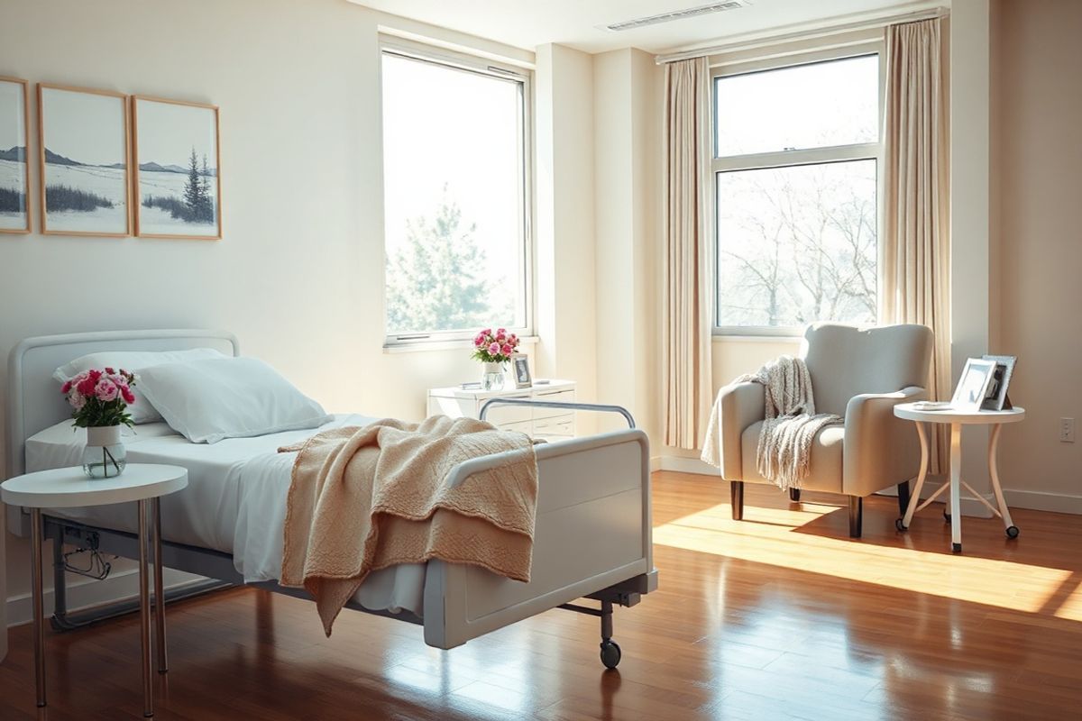 A photorealistic image depicting a serene, sunlit hospital room, designed to evoke a sense of hope and healing. The room features large windows that allow natural light to stream in, illuminating soft, neutral-colored walls adorned with calming artwork. In the foreground, a neatly made hospital bed is dressed in crisp white linens, with a plush, pastel-colored throw blanket draped casually over the side. A stylish bedside table holds a small vase with fresh, vibrant flowers, symbolizing life and renewal.   On the opposite side, a welcoming armchair is positioned near the window, inviting visitors to sit and share moments with patients. A soft, knitted blanket is folded over the chair, adding warmth to the scene. The floor is polished wood, reflecting the sunlight, and a few personal items—like a photo frame and a book—are subtly placed on the table, conveying a sense of personal connection. This image captures the essence of comfort, support, and the emotional journey of those navigating cancer care, making it an ideal visual accompaniment to the discussed financial burdens and the importance of compassionate care.