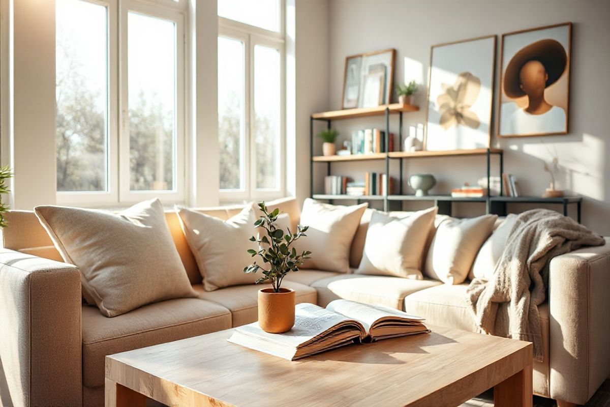 A photorealistic image captures a serene and inviting living room setting, bathed in warm natural light streaming through large windows. In the foreground, a plush, neutral-colored sofa adorned with soft, textured cushions invites comfort. A coffee table made of light wood displays a small potted plant, symbolizing life and growth, alongside an open book, suggesting moments of reflection and knowledge. On the walls, soft, calming colors create a tranquil atmosphere, while abstract art pieces evoke thoughts of resilience and strength. In the background, a sleek, modern shelf houses various health-related books and decorative items, subtly hinting at the importance of health management. A cozy throw blanket drapes over the arm of the sofa, adding a touch of warmth and coziness to the space. The overall ambiance of the room conveys a sense of peace and hope, making it a perfect visual representation of the journey of managing multiple sclerosis and the importance of understanding treatment options like Rebif. The image beautifully balances elements of comfort, support, and encouragement, reflecting the emotional and financial aspects of living with MS.