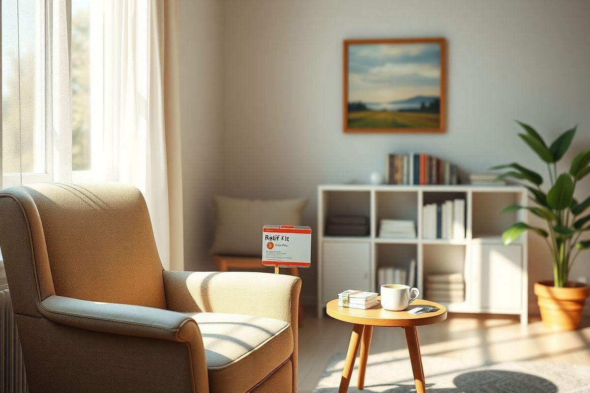 A photorealistic image depicting a serene and comforting home healthcare setting. The scene features a well-lit room with soft, natural light streaming through a large window adorned with sheer curtains. In the foreground, a cozy armchair is positioned next to a small wooden side table, which holds a neatly arranged collection of medical supplies, including a Rebif injection kit and a warm cup of herbal tea. On the wall, a calming landscape painting adds a touch of tranquility. In the background, a shelf lined with books and health-related literature complements the atmosphere. A potted plant sits nearby, adding a splash of greenery and life to the space. The overall ambiance conveys a sense of support and comfort, reflecting the journey of managing multiple sclerosis and the importance of treatment in a warm, inviting home environment. The image subtly hints at the balance between medical care and emotional well-being, making it an ideal visual companion to the discussion of Rebif and its impact on patients’ lives.