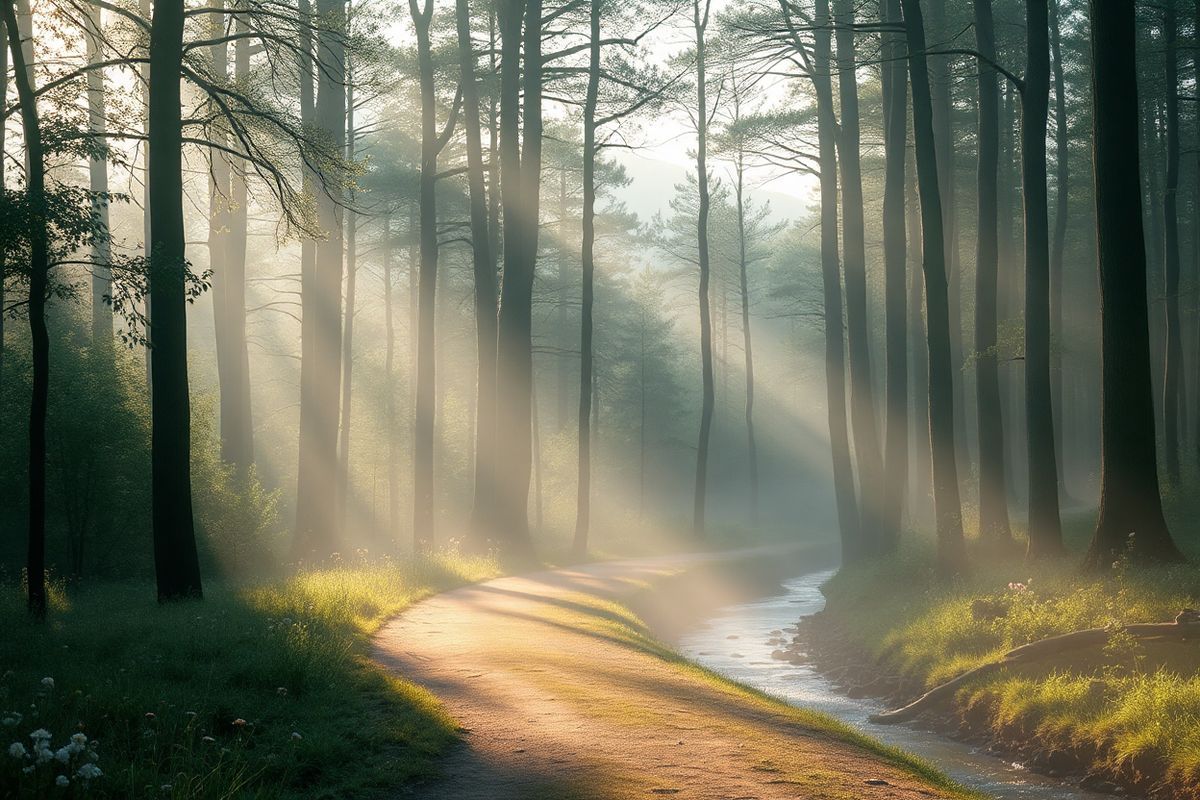 A serene and atmospheric scene depicting a misty, tranquil forest at dawn. The foreground features a winding, narrow path that leads deeper into the woods, flanked by tall, ethereal trees with soft, dappled sunlight filtering through their leaves, casting gentle shadows on the ground. The air is filled with a light fog that hugs the forest floor, enhancing the feeling of mystery and transition. Delicate wildflowers, in soft pastel colors, dot the edges of the path, symbolizing new beginnings and growth. In the background, the silhouettes of distant mountains rise softly against the pale morning sky, hinting at the journey ahead. A small, sparkling stream runs alongside the path, its gentle sound echoing the theme of change and fluidity. This image captures the essence of liminal spaces—an invitation to explore the unknown while evoking a sense of calm and introspection, perfectly complementing the themes of uncertainty, growth, and self-discovery described in the text.