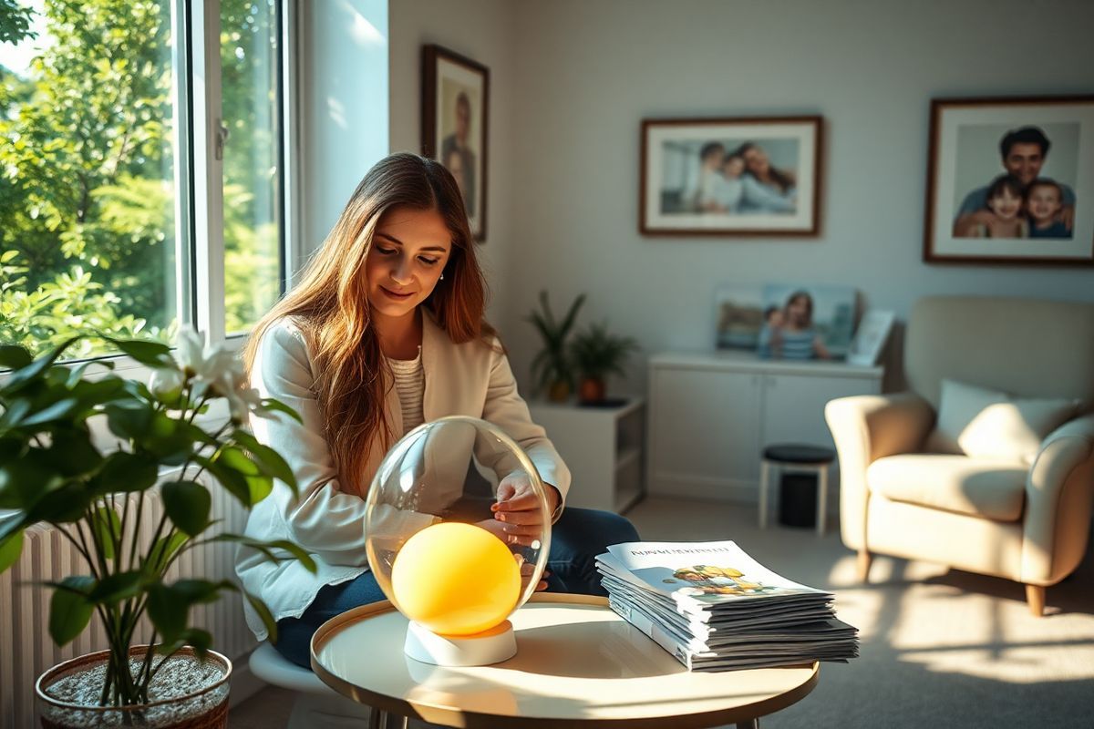 A serene and intimate scene unfolds in a softly lit doctor’s office, where a young couple sits close together, their expressions a mix of hope and contemplation. The woman, with long, flowing hair, gazes thoughtfully at a delicate model of a human egg, which is illuminated by gentle, warm lighting. Nearby, a small table holds a collection of fertility preservation brochures, neatly arranged beside a blooming potted plant that symbolizes growth and life. In the background, a large window reveals a tranquil garden, with sunlight filtering through lush greenery, casting dappled shadows on the floor. The overall ambiance is calm and supportive, encouraging open dialogue about fertility options. Subtle elements, such as a framed photo of a happy family on the wall and a cozy armchair in the corner, add warmth and emotional depth to the scene, emphasizing the importance of family planning and the journey toward parenthood amidst the challenges of cancer treatment. This photorealistic image encapsulates the theme of hope and empowerment in the context of fertility preservation.