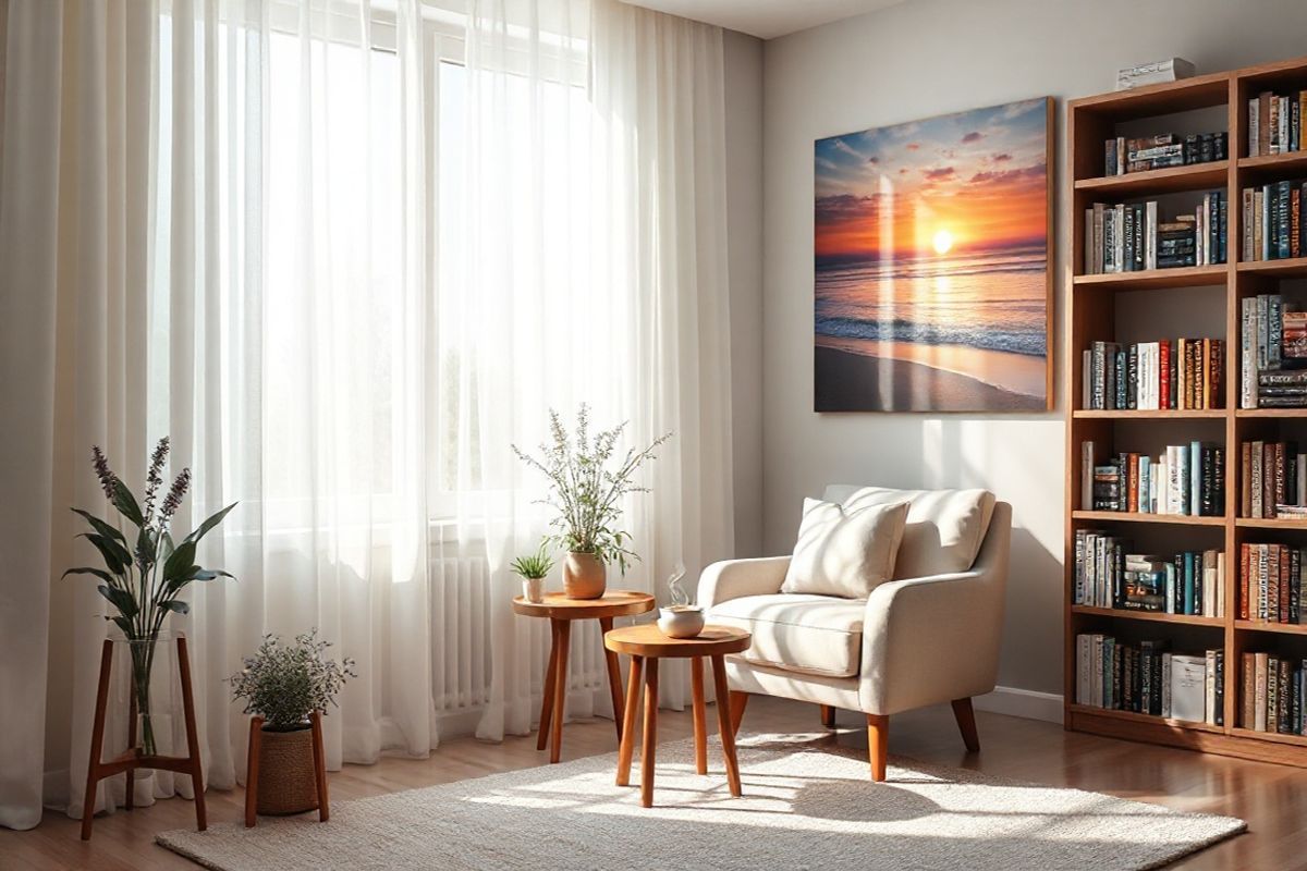 A serene, photorealistic scene of a cozy, softly lit therapy room that embodies tranquility and comfort. The room features a plush, inviting armchair upholstered in soft, muted colors, positioned next to a large window draped with sheer white curtains that gently diffuse the natural light streaming in. A small wooden side table holds a steaming cup of herbal tea, surrounded by a few calming plants like lavender and peace lilies, which add a touch of nature. On the wall, a large, vibrant painting of a soothing landscape—perhaps a tranquil beach at sunset—creates a peaceful focal point. The floor is covered with a soft, textured rug, enhancing the warmth of the space. In the corner, a bookshelf filled with self-help books and wellness guides suggests a commitment to mental well-being. The overall ambiance is one of comfort, support, and healing, perfectly reflecting the importance of psychological support and lifestyle modifications in managing mental health for individuals with hyperthyroidism.