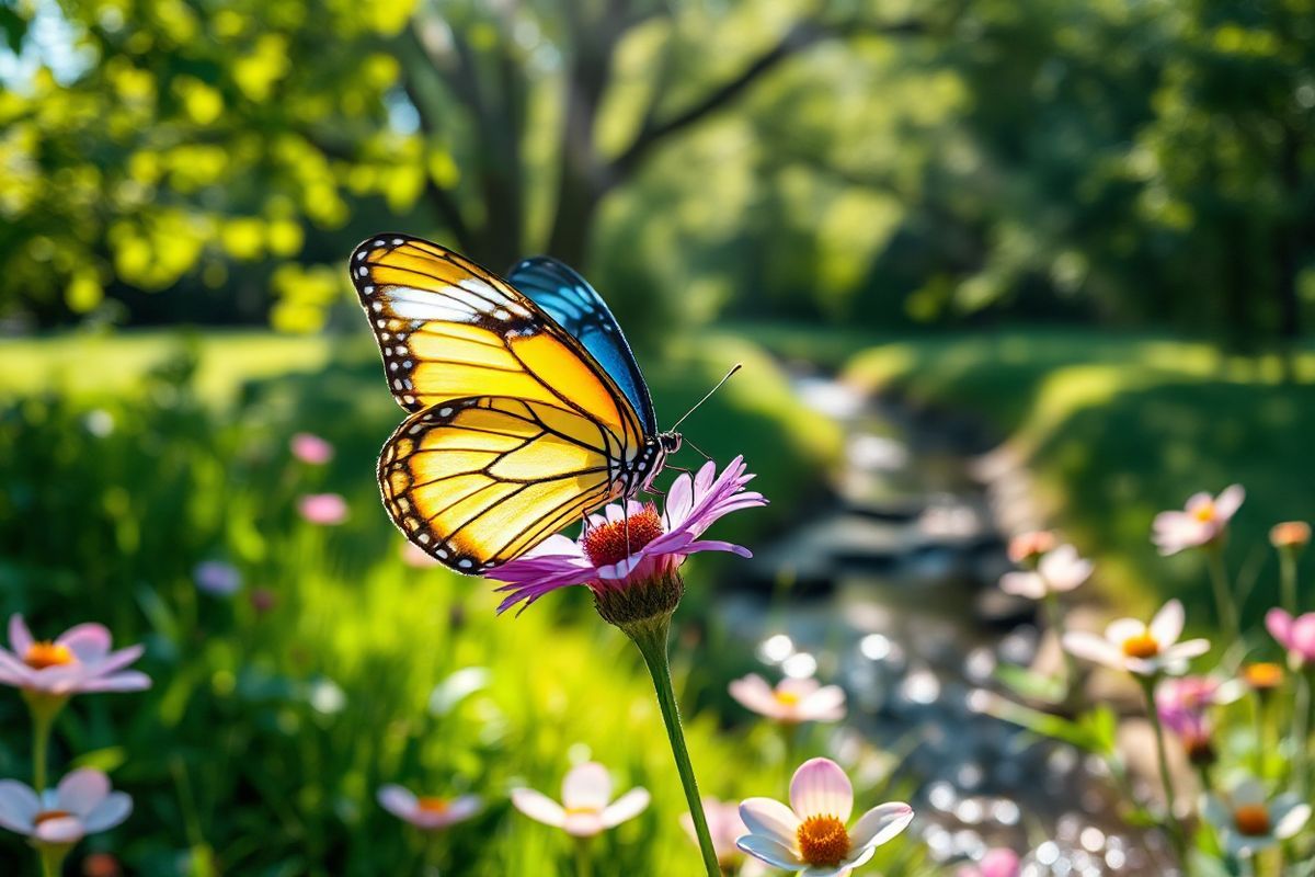 A photorealistic image of a serene and tranquil scene depicting a butterfly gracefully perched on a vibrant purple flower in a lush, green garden. The butterfly’s wings are intricately detailed, showcasing a blend of bright yellows and deep blues, symbolizing the thyroid gland’s significance in the body. In the background, soft sunlight filters through the leaves of nearby trees, casting gentle dappled shadows on the ground, creating a peaceful ambiance. Delicate petals of various flowers in shades of pink and white surround the butterfly, enhancing the scene’s vibrancy and life. A small stream can be seen in the distance, reflecting the sunlight and adding a sense of calmness to the environment. The image captures the essence of nature’s balance and harmony, subtly representing the importance of maintaining a healthy thyroid function while promoting mental well-being. Overall, the composition is inviting and soothing, evoking feelings of tranquility and balance, making it an ideal visual accompaniment to the topic of hyperthyroidism and its effects on health.