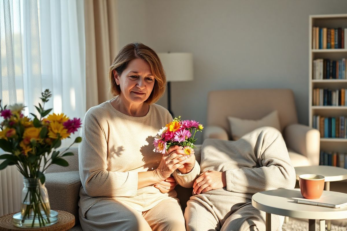 A serene and intimate scene unfolds in a softly lit room, where a caregiver sits beside a cancer patient. The caregiver, a middle-aged woman with warm features, gently holds the patient’s hand, conveying a deep sense of compassion and support. The patient, a frail elderly man, has a peaceful expression, surrounded by an array of colorful flowers in a vase on a nearby table, symbolizing hope and resilience. Natural light filters through a sheer curtain, casting gentle shadows that enhance the warmth of the moment. In the background, a cozy armchair and a small bookshelf filled with supportive literature suggest a space of comfort and understanding. A small table with a cup of herbal tea and a journal indicates the caregiver’s commitment to self-care. The overall atmosphere is one of tranquility, love, and connection, emphasizing the emotional bond between caregiver and patient. The colors are soft and inviting, with earthy tones and hints of pastel, creating a calm and uplifting ambiance that resonates with the themes of emotional well-being and supportive relationships in caregiving.