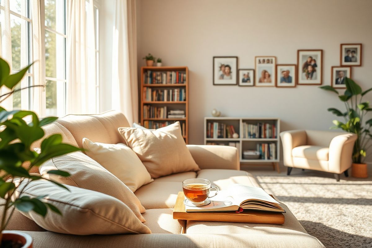 A serene living room scene bathed in warm, natural light streaming through large windows adorned with soft, sheer curtains. In the foreground, a cozy couch is piled with plush, inviting cushions in soothing pastel colors. A small, wooden coffee table holds a steaming cup of herbal tea, a journal with an open page, and a vibrant vase filled with fresh flowers, adding a touch of life to the space. To one side, a potted plant with lush green leaves enhances the calming atmosphere. In the background, a well-organized bookshelf showcases an array of supportive books on caregiving and wellness, while a comfortable armchair beckons nearby, inviting moments of reflection and relaxation. On the wall, framed photographs capture cherished memories of family gatherings, symbolizing love and support. The overall ambiance of the room conveys a sense of tranquility, warmth, and the importance of self-care, providing an ideal environment for caregivers to recharge and connect with their emotions.