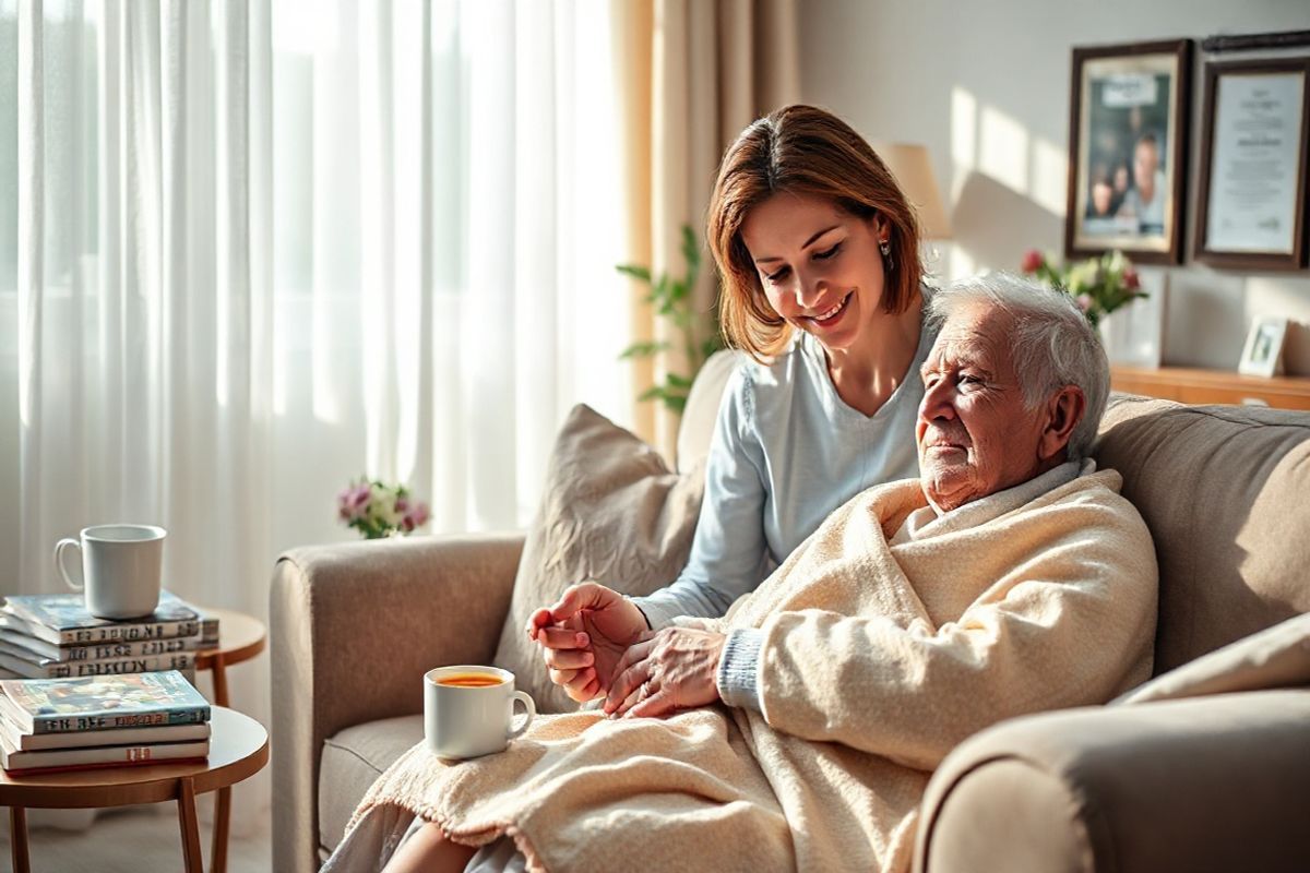 A photorealistic image captures a serene and intimate moment between a caregiver and a cancer patient in a softly-lit living room. The caregiver, a middle-aged woman with warm brown hair, sits on a comfortable sofa, gently holding the patient’s hand, offering emotional support. The patient, a frail elderly man with silver hair and a peaceful expression, is wrapped in a cozy blanket, resting against soft pillows. Surrounding them are elements that evoke comfort and care: a small side table with a steaming cup of herbal tea, a stack of colorful magazines, and a vase of fresh flowers. Natural light filters through sheer curtains, casting a warm glow on the scene, highlighting the bond and connection between the two. In the background, family photos adorn the walls, symbolizing love and shared memories, while a framed certificate of appreciation for caregivers subtly nods to the essential role they play. The atmosphere is one of tranquility, compassion, and resilience, perfectly embodying the essence of caregiver support in the cancer treatment journey.