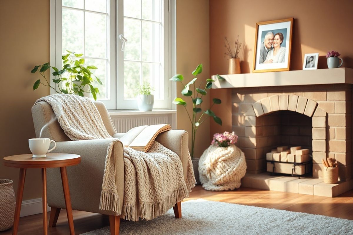 A serene and warm living room scene, featuring a cozy armchair draped with a soft, knitted blanket in gentle pastel colors. A side table beside the chair holds a steaming cup of tea and an open book, suggesting a moment of respite for a caregiver. In the background, a large window lets in soft, natural light, illuminating leafy green plants on the windowsill, which bring a touch of nature indoors. A framed family photo rests on the mantle of a fireplace, showcasing happy memories, while subtle hints of personal touches like a hand-knitted throw and a small vase of fresh flowers create a welcoming atmosphere. The walls are painted in soothing earth tones, enhancing the overall calming vibe of the space. A soft rug lies underfoot, inviting comfort. This image captures the essence of self-care and support, reflecting the nurturing environment that caregivers may seek to create amidst their responsibilities.