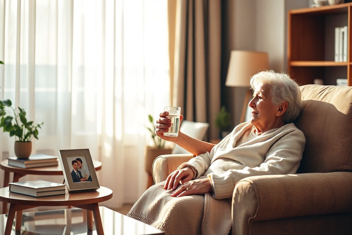 A serene and intimate scene depicting a warm, softly lit living room where a cancer caregiver is gently assisting a patient. The caregiver, a middle-aged person with a compassionate expression, is holding a glass of water while sitting beside an elderly woman who is comfortably nestled in a cozy armchair. The woman, with a blanket draped over her legs, looks relaxed and reassured, conveying a sense of trust and warmth. In the background, a small coffee table is adorned with a few personal items: a family photo in a frame, a vibrant potted plant, and a stack of books. Soft sunlight filters through sheer curtains, casting a gentle glow across the room, emphasizing the bond between caregiver and patient. The overall color palette is warm and inviting, with earthy tones and subtle textures that evoke a sense of comfort and support. This image captures the essence of caregiving, showcasing both the emotional connection and the nurturing environment essential for healing and well-being.