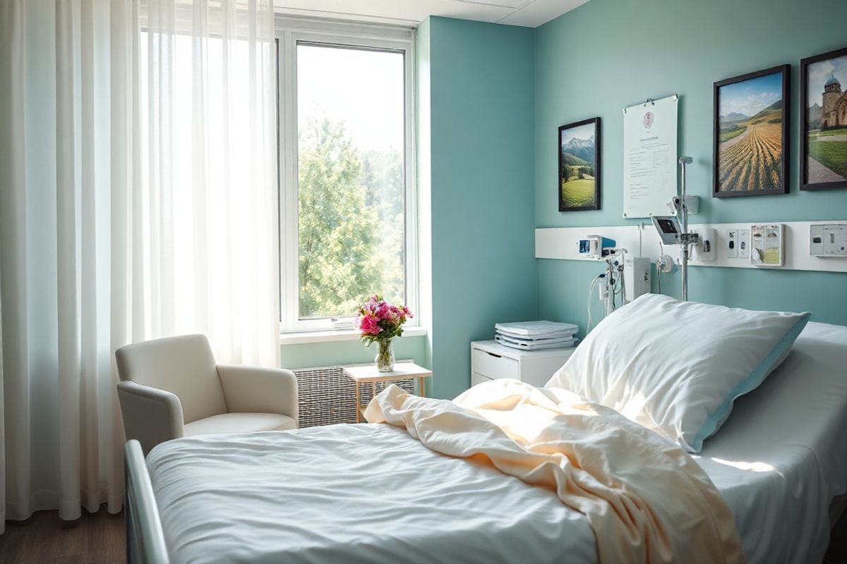 The image features a serene hospital room bathed in soft, natural light filtering through sheer curtains. In the foreground, a neatly made hospital bed is adorned with crisp white linens and a plush, pastel-colored blanket. A comfortable chair sits beside the bed, inviting family members to sit and provide support. On the bedside table, a small vase holds fresh, vibrant flowers, adding a touch of warmth and life to the space. The walls are painted in calming shades of blue and green, promoting a tranquil environment conducive to healing.   In the background, a medical chart can be seen hanging on the wall, alongside framed images of healthy landscapes, symbolizing hope and recovery. A window reveals a peaceful view of lush greenery outside, suggesting a connection to nature and the outside world. Subtle medical equipment can be observed in the corner, indicating the room’s purpose while maintaining a sense of comfort. The overall atmosphere evokes feelings of care, compassion, and the importance of a supportive environment for patients recovering from conditions like CVST.