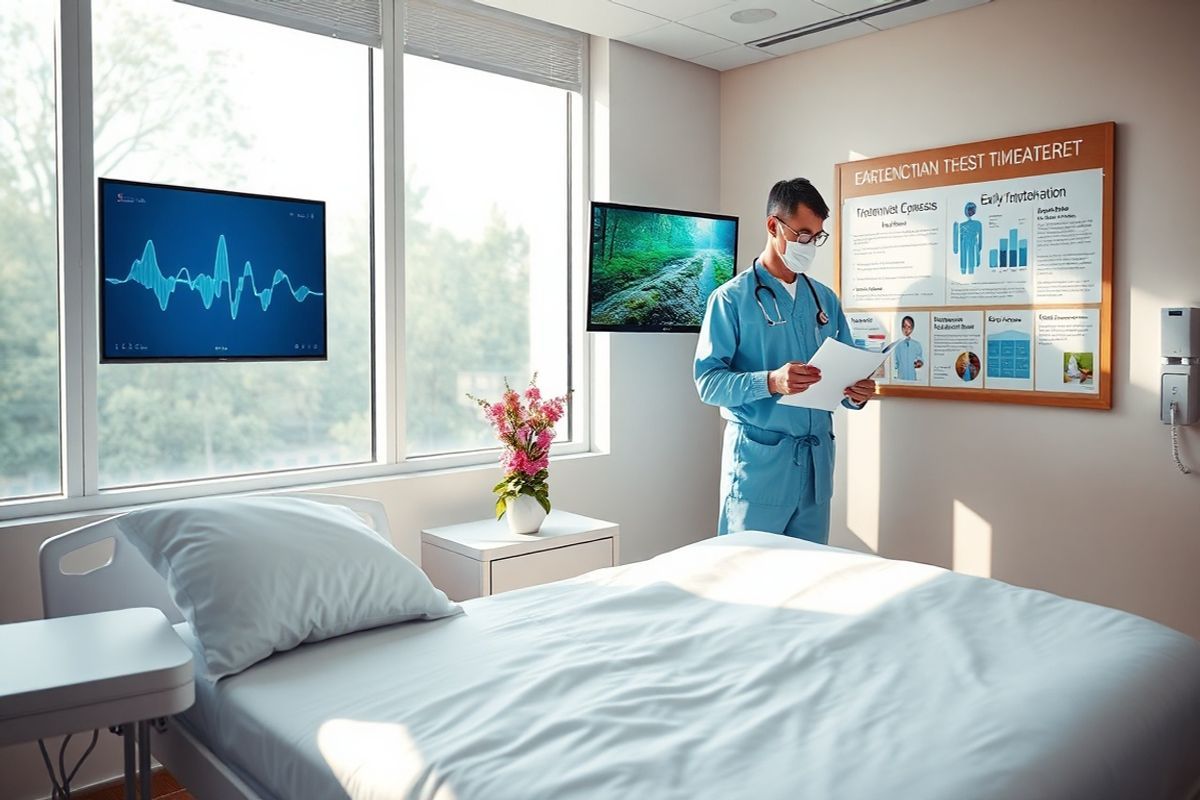 A serene, photorealistic image of a tranquil medical setting showcasing a modern hospital room bathed in soft, natural light filtering through large windows. The room features a neatly made hospital bed with crisp white linens and a plush pillow, positioned next to a sleek bedside table holding a small vase of vibrant flowers, symbolizing hope and recovery. In the background, a large wall-mounted monitor displays gentle waveforms, indicating patient vitals, while a digital screen projects calming nature scenes. The walls are painted in soothing pastel colors, promoting a peaceful atmosphere. A medical professional, dressed in scrubs and a surgical mask, is seen attentively examining a patient’s chart, exuding a sense of care and professionalism. On a nearby wall, a bulletin board displays educational materials about CVST symptoms and treatment options without text, emphasizing the importance of awareness and early diagnosis. The overall ambiance is one of healing and support, evoking feelings of comfort and tranquility, perfectly aligning with the themes of early recognition and effective treatment in the context of cerebral venous sinus thrombosis.