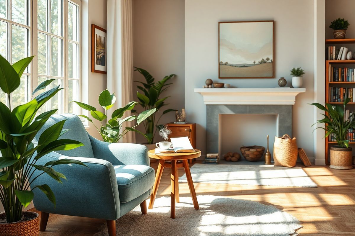 A serene and photorealistic image captures a cozy living room bathed in warm, natural light filtering through large windows. In the foreground, a plush, soft armchair upholstered in soothing shades of blue sits next to a small wooden side table adorned with a steaming cup of tea and an open book. The room is filled with lush indoor plants, their vibrant green leaves contrasting beautifully with the neutral tones of the walls and floor. On the walls, framed photographs of nature scenes evoke a sense of calm and connection to the outside world. A gentle, abstract painting in soft pastels hangs above a fireplace, adding an artistic touch to the space. A soft, inviting rug lies beneath the chair, enhancing the feeling of warmth and comfort. In the background, there’s a glimpse of a small bookshelf filled with various titles on self-help and personal development, symbolizing the journey of adjustment and empowerment. The overall atmosphere exudes a sense of tranquility and hope, making it a perfect visual representation of resilience and the emotional journey of individuals experiencing vision loss.