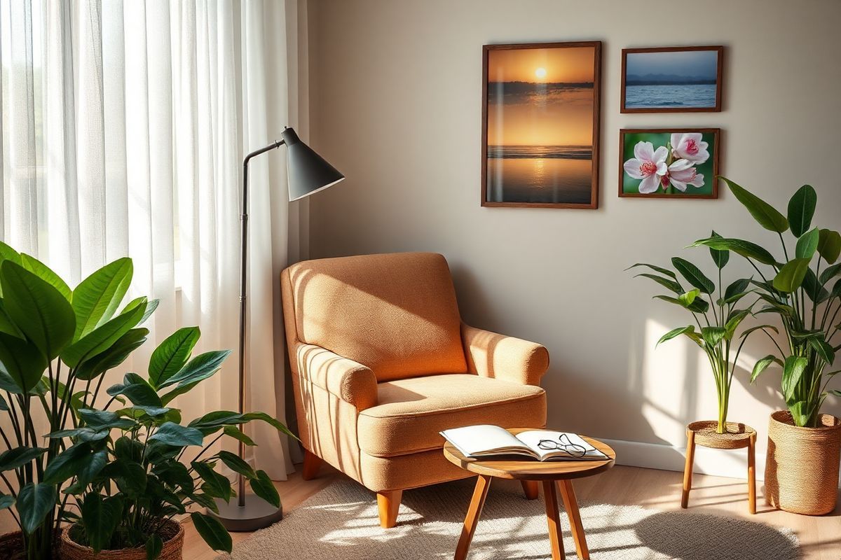 A serene and inviting room filled with soft, natural light filtering through sheer curtains. In the center, a comfortable armchair upholstered in a warm, muted fabric, positioned near a cozy floor lamp that casts a gentle glow. A small, wooden side table holds a steaming cup of herbal tea, a journal with an open page, and a pair of reading glasses resting beside it. Surrounding the chair, lush indoor plants in varying heights add a touch of life and color, their green leaves contrasting beautifully with the earthy tones of the room. On the wall, a collection of framed photographs captures moments of nature—gentle waves lapping against a sandy shore, a vibrant sunset over a tranquil lake, and a close-up of delicate flowers in bloom. The overall atmosphere exudes calmness and reflection, inviting the viewer to imagine a peaceful retreat for contemplation and emotional healing during the journey of adjusting to vision loss. The image evokes a sense of safety and warmth, symbolizing a supportive environment for individuals navigating their emotional rollercoaster.