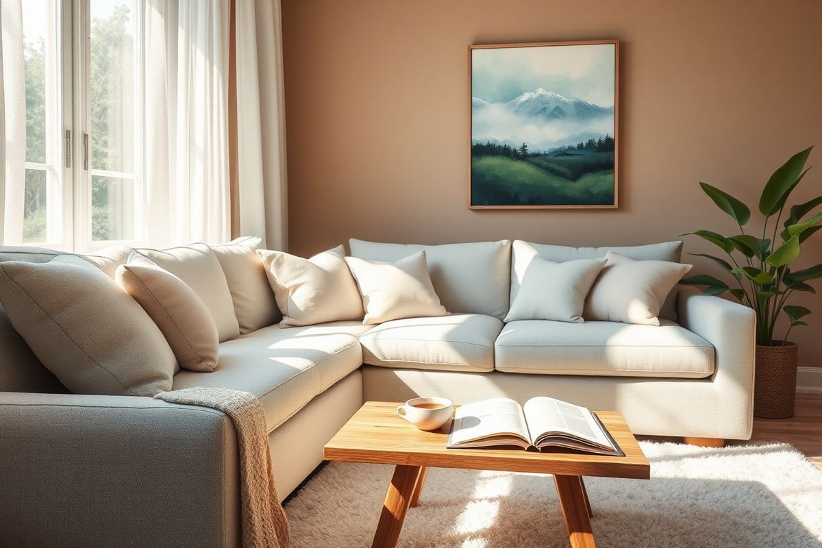 A serene, photorealistic image of a cozy, softly-lit living room designed for relaxation and comfort. The room features a plush, light gray sofa adorned with pastel-colored cushions, inviting viewers to sink into its embrace. A large window allows gentle sunlight to filter through sheer white curtains, casting delicate shadows on a wooden coffee table. On the table, a steaming cup of herbal tea rests beside an open book, hinting at a moment of quiet introspection. In the background, a lush green plant adds a touch of nature, symbolizing growth and healing. The walls are painted in soothing earth tones, and a framed abstract painting of calming blues and greens hangs above the sofa, evoking tranquility. Soft textures, such as a knitted throw draped over the armrest and a luxurious rug underfoot, enhance the inviting atmosphere. The overall ambiance is peaceful and nurturing, encouraging viewers to imagine themselves in this space, free from anxiety and filled with a sense of calm and well-being.