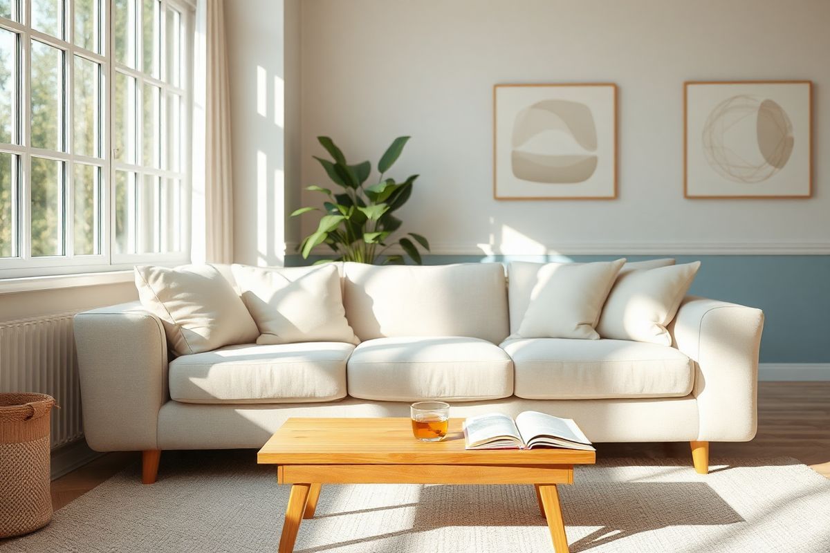 A serene and inviting indoor setting, showcasing a cozy living room bathed in soft, natural light filtering through large windows. The focal point is a plush, light-colored sofa adorned with gentle pastel throw pillows, inviting relaxation. A small coffee table made of warm wood sits in front, decorated with a steaming cup of herbal tea and an open book, suggesting a moment of calm. In the background, a lush indoor plant adds a touch of greenery, symbolizing growth and tranquility. The walls are painted in soothing hues of pale blue and cream, enhancing the peaceful ambiance. A soft rug underfoot provides comfort, while delicate artwork depicting abstract designs hangs on the walls, contributing to the overall sense of harmony. The scene conveys a feeling of warmth and safety, ideal for reflecting on mental health and well-being, making it a perfect visual companion to the discussion of anxiety disorders and their management.