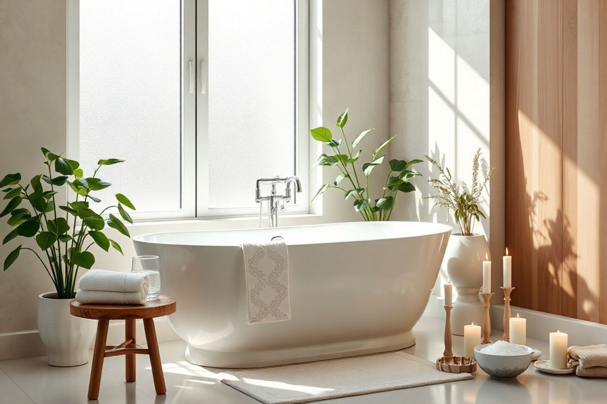 A serene bathroom scene showcases a beautifully designed freestanding bathtub filled with warm, inviting water. Soft, natural light filters in through frosted glass windows, casting gentle shadows that enhance the tranquil atmosphere. Surrounding the tub are lush, green plants in elegant pots, adding a touch of nature and freshness to the space. A small wooden stool beside the tub holds a neatly folded white towel and a glass of refreshing water. On the other side, a delicate bowl of Epsom salts and a few aromatic candles are arranged to create a spa-like ambiance. The soft color palette features soothing shades of beige, white, and pale green, promoting a sense of calm and relaxation. In the background, subtle hints of natural wood and stone textures complement the overall aesthetic, making the space feel warm and inviting. This image captures the essence of self-care and healing, perfect for accompanying content related to the treatment and comfort measures for hemorrhoids and anal fissures.