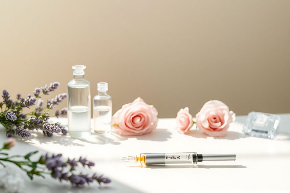 The image features a serene and inviting setting that captures the essence of health and wellness. In the foreground, a pristine white surface holds a sleek, modern Emgality injection pen, glistening under soft, diffused natural light. Surrounding the pen are delicate, pastel-colored flowers, such as lavender and soft pink roses, symbolizing care and comfort. A gentle gradient of light beige and soft green tones in the background creates a calming atmosphere, reminiscent of a tranquil clinic space.  To one side, a cool, translucent glass vial containing a clear liquid reflects the light, suggesting the medicinal aspect of the scene. A small, elegant ice pack rests nearby, hinting at the pain management strategies mentioned in the text. The overall composition is balanced and harmonious, with soft shadows adding depth without distraction. This photorealistic image conveys a sense of hope and relief for individuals managing migraines, emphasizing the importance of comfort and care in their treatment journey. The gentle color palette and serene elements create a soothing visual narrative, inviting viewers to feel a sense of calm and reassurance.