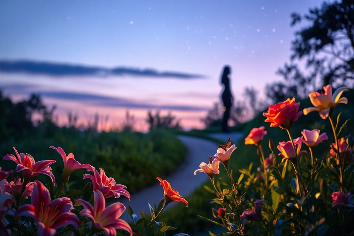 A serene and elegant setting showcasing a peaceful garden at dusk, with soft, warm lighting illuminating delicate flowers in bloom. The foreground features vibrant, colorful blooms such as lilies and roses, their petals glistening with dew drops. In the background, a gentle, winding path leads through lush greenery, inviting the viewer to explore further. Silhouetted against the evening sky, a subtle, artistic representation of a female figure stands gracefully, symbolizing strength and resilience. The sky transitions from deep blue to soft lavender, dotted with twinkling stars, creating a tranquil atmosphere. Delicate butterflies flutter among the flowers, adding a touch of whimsy and life to the scene. The overall composition exudes a sense of hope and healing, reflecting the journey of recovery and the beauty of nature, making it a perfect complement to the theme of vaginal cancer treatment and the importance of support and care.