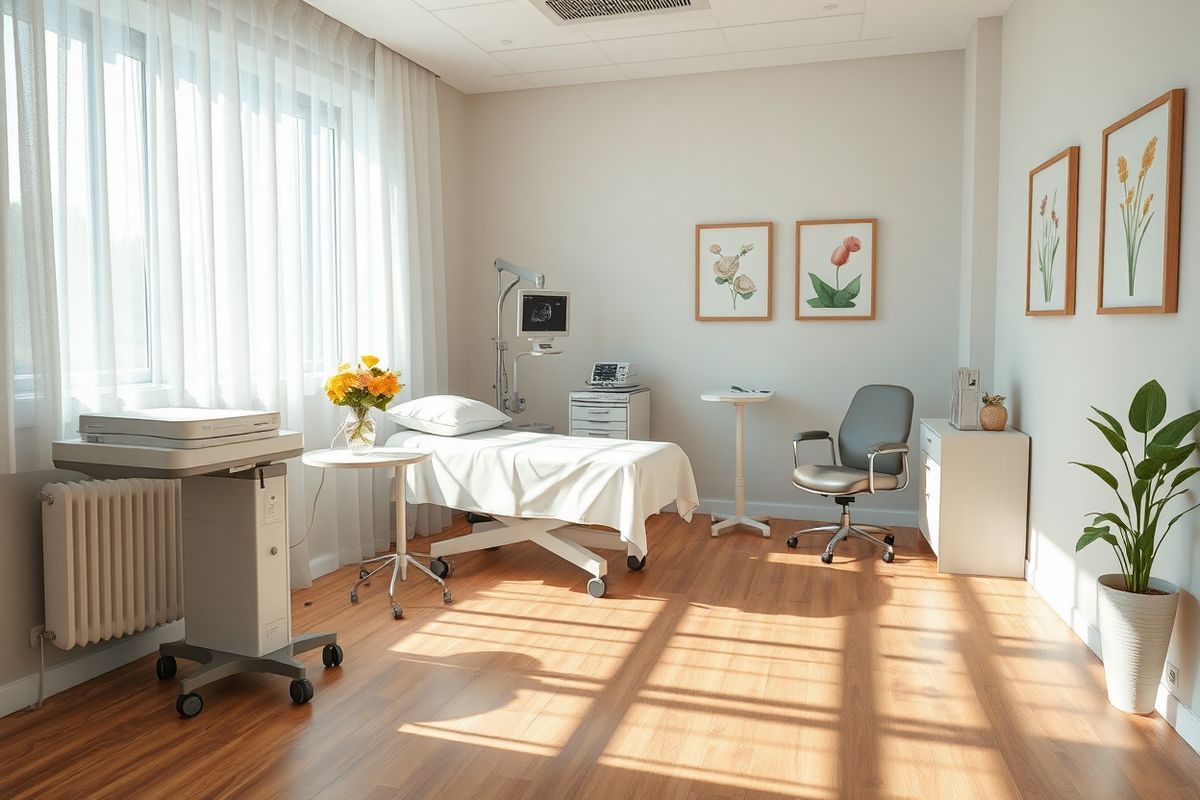 A serene, photorealistic image of a peaceful gynecological clinic room. The room is softly lit by natural sunlight streaming through a large window adorned with sheer white curtains, casting gentle shadows on the polished wooden floor. In the center, a comfortable examination table is draped with a crisp white sheet, surrounded by modern medical equipment, including an ultrasound machine and a gynecological chair. On one side, a small table displays fresh flowers in a delicate vase, adding a touch of warmth and vibrancy to the space. The walls are painted in soothing pastel colors, with framed botanical prints that evoke a sense of calm and health. A potted plant sits in the corner, contributing to the tranquil atmosphere. The overall composition conveys a sense of care, safety, and professionalism, inviting patients to feel at ease in this nurturing environment, emphasizing the importance of regular check-ups and early detection in women’s health.