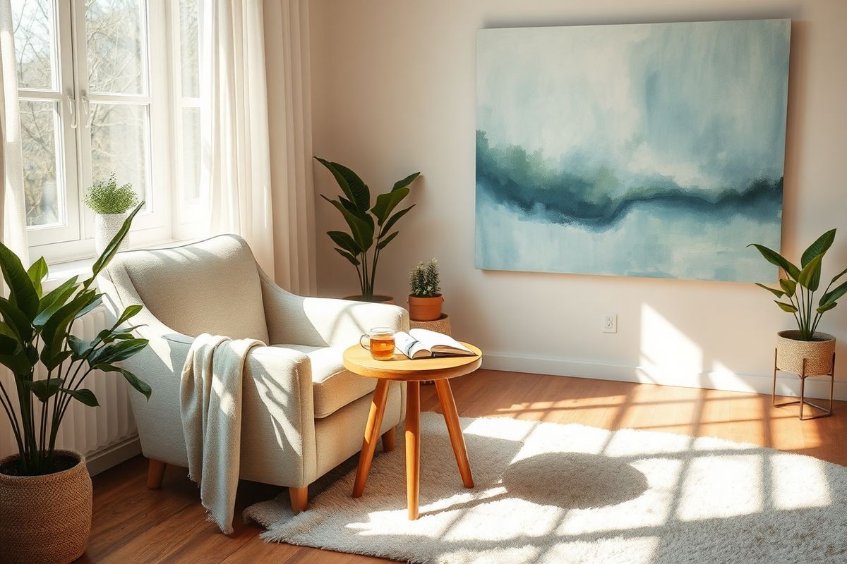 A serene and calming scene depicting a cozy therapy room bathed in soft, natural light. The room features a comfortable armchair upholstered in a gentle, muted fabric, positioned next to a small wooden side table adorned with a steaming cup of herbal tea and an open journal with a pen resting on top. A large window with sheer curtains allows sunlight to filter through, casting warm shadows on the wooden floor. Potted plants in the corners bring a touch of nature, their green leaves thriving in the light. On the wall, a large abstract painting in soothing blues and greens evokes a sense of tranquility. A plush area rug adds warmth to the space, while a soft throw blanket drapes casually over the armchair. The atmosphere is inviting and peaceful, embodying a safe and supportive environment for therapeutic conversations, encouraging relaxation and introspection. This image captures the essence of emotional healing and the supportive nature of therapy, making it ideal for illustrating the importance of therapeutic interventions in managing anxiety disorders.