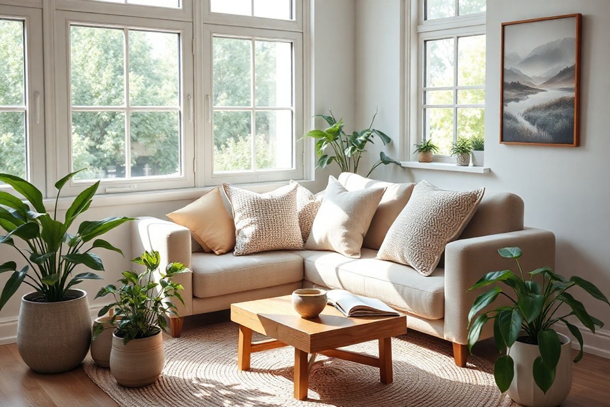 A serene and inviting indoor space that embodies calmness and tranquility. The image features a cozy corner of a softly lit room with large windows allowing natural light to pour in, illuminating the space. A plush, neutral-toned sofa adorned with soft, textured pillows invites relaxation. A small wooden coffee table sits in front, holding a steaming cup of herbal tea and an open book, suggesting a peaceful moment of self-care. Surrounding the area are potted plants with lush green foliage, adding a touch of nature and freshness. On the walls, soothing artwork depicting abstract landscapes in muted colors enhances the calm atmosphere. A soft, woven rug lies underfoot, contributing to the warmth of the space. In the background, a subtle hint of a peaceful garden can be seen through the windows, completing the scene with a sense of connection to nature. The overall composition exudes a feeling of comfort, peace, and mindfulness, making it an ideal visual representation of the themes of anxiety management and mental well-being.