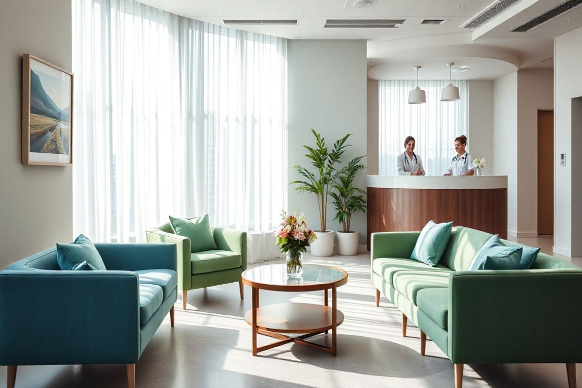 A serene and inviting healthcare setting fills the frame, showcasing an elegant waiting room of a modern medical facility. The space is bathed in soft, natural light streaming through large windows adorned with sheer white curtains. Plush, comfortable seating in calming hues of blue and green is arranged neatly around a small, stylish coffee table, which holds a vase of fresh flowers, adding a touch of warmth and vibrancy. On the walls, subtle artwork depicting nature scenes creates a soothing atmosphere, while a potted plant in the corner brings life to the space. In the background, a friendly receptionist desk is visible, with a smiling staff member attending to patients, emphasizing a welcoming and supportive environment. The overall composition conveys a sense of tranquility and care, ideal for individuals considering their healthcare options, capturing the essence of thoughtful decision-making in a peaceful ambiance.