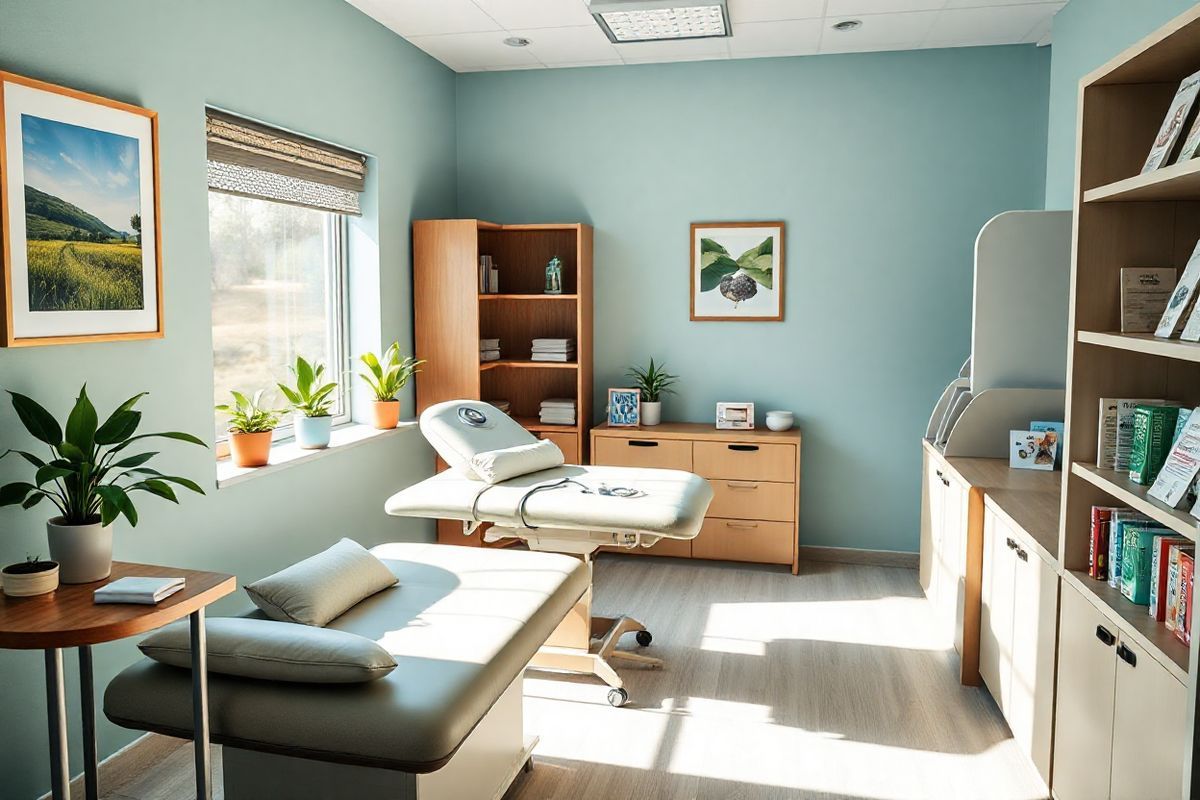 A serene healthcare setting featuring a cozy, well-lit doctor’s office. The room is adorned with calming colors such as soft blues and greens, promoting a sense of tranquility. A comfortable examination table with plush cushions is positioned in the center, accompanied by a sleek wooden desk elegantly organized with medical tools and a stethoscope. On the walls, framed artwork of nature scenes adds warmth and relaxation to the environment. A window allows natural light to pour in, illuminating potted plants on the windowsill, symbolizing growth and health. Nearby, a well-stocked bookshelf displays health literature and informative pamphlets, reflecting a commitment to patient education. The overall atmosphere inspires trust and comfort, ideal for individuals contemplating their healthcare decisions, particularly regarding Medicare Part B.