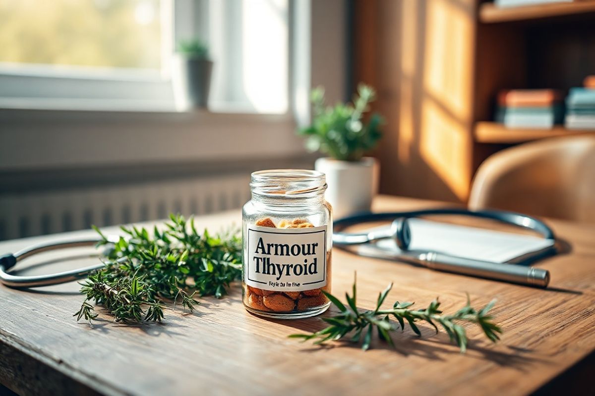 A photorealistic image depicting a serene and inviting healthcare setting, featuring a wooden table adorned with a neatly arranged array of herbal remedies and supplements. In the foreground, a small, elegant glass jar labeled “Armour Thyroid” is prominently displayed, surrounded by fresh green herbs like thyme and rosemary, symbolizing natural healing. Soft, warm lighting filters through a nearby window, casting gentle shadows and creating an atmosphere of tranquility. In the background, a stethoscope and a notepad with a pen lie casually, suggesting a connection to patient care and health management. The overall color palette is soothing, with earthy tones and natural textures that evoke a sense of wellness and mindfulness. A small, decorative potted plant adds a touch of life, enhancing the inviting ambiance. This image captures the essence of holistic health and the importance of monitoring well-being, making it an ideal visual complement to the discussion of Armour Thyroid and its effects.